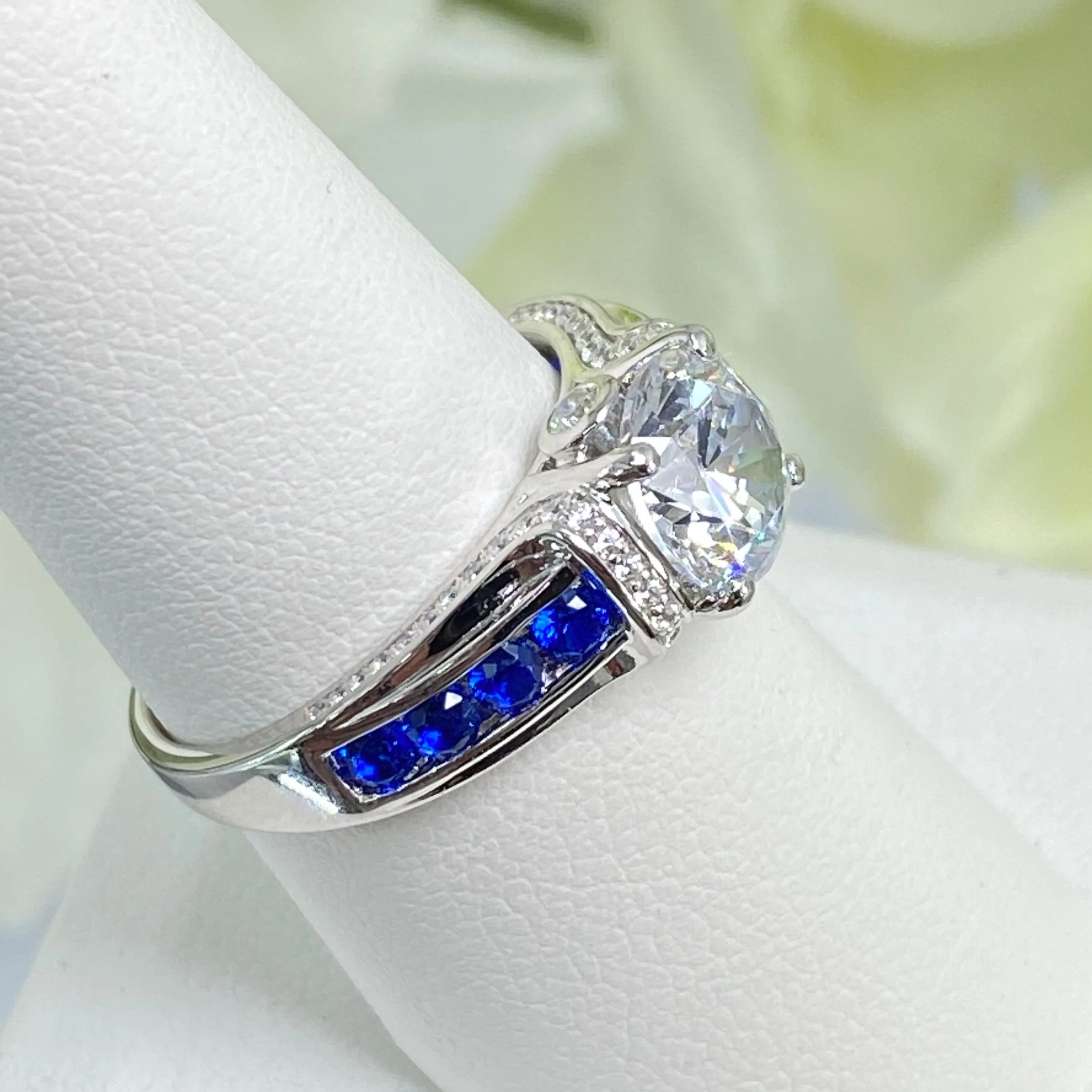 Art Deco Ring, Size 8.5, White CZ with Inlaid Blue Sapphire Gems, Vintage style Jewelry #D220 - Ready to Ship