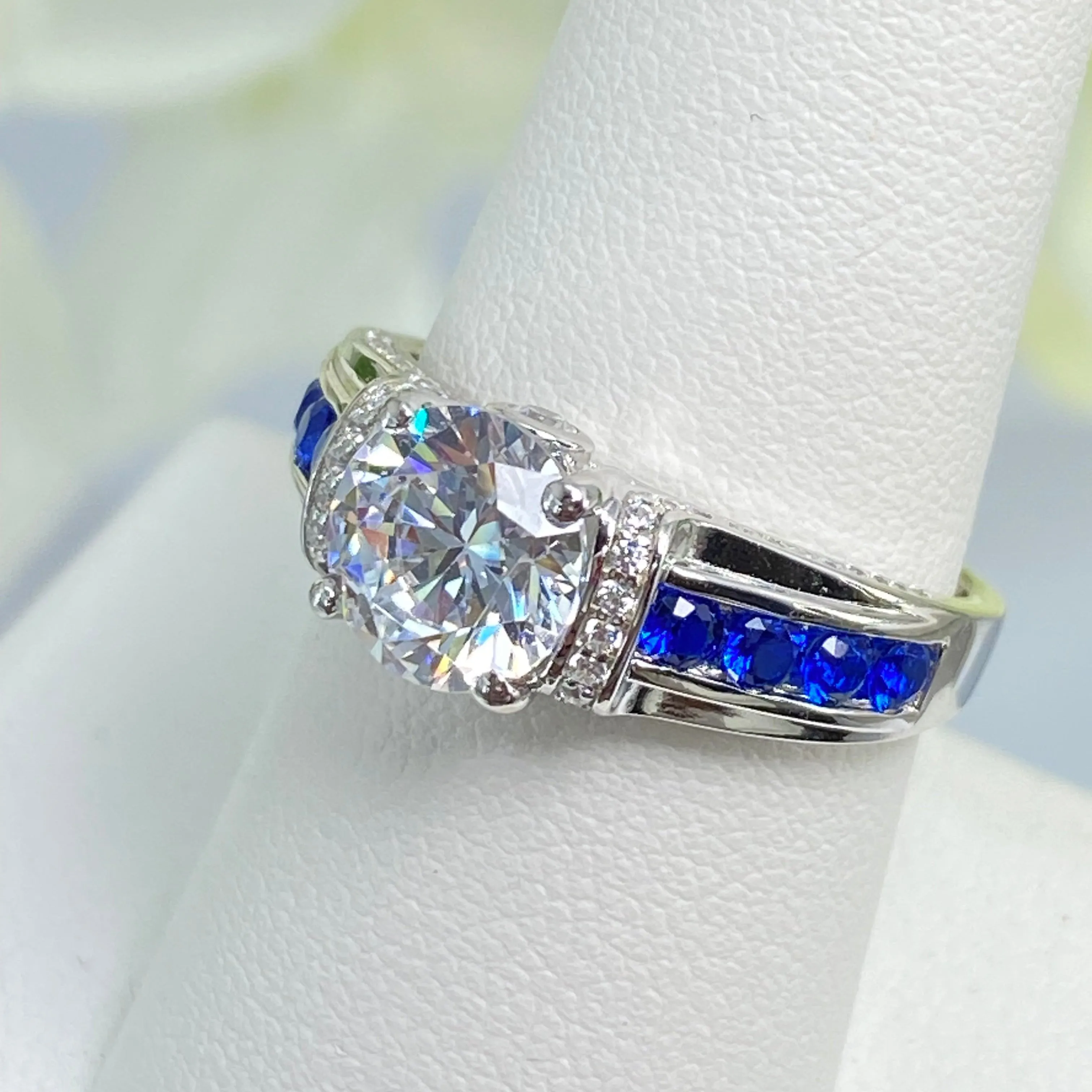 Art Deco Ring, Size 8.5, White CZ with Inlaid Blue Sapphire Gems, Vintage style Jewelry #D220 - Ready to Ship
