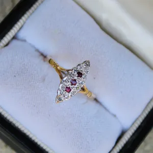 Art Deco Ruby and Diamond Navette Ring- 9k Gold- (circa 1930)