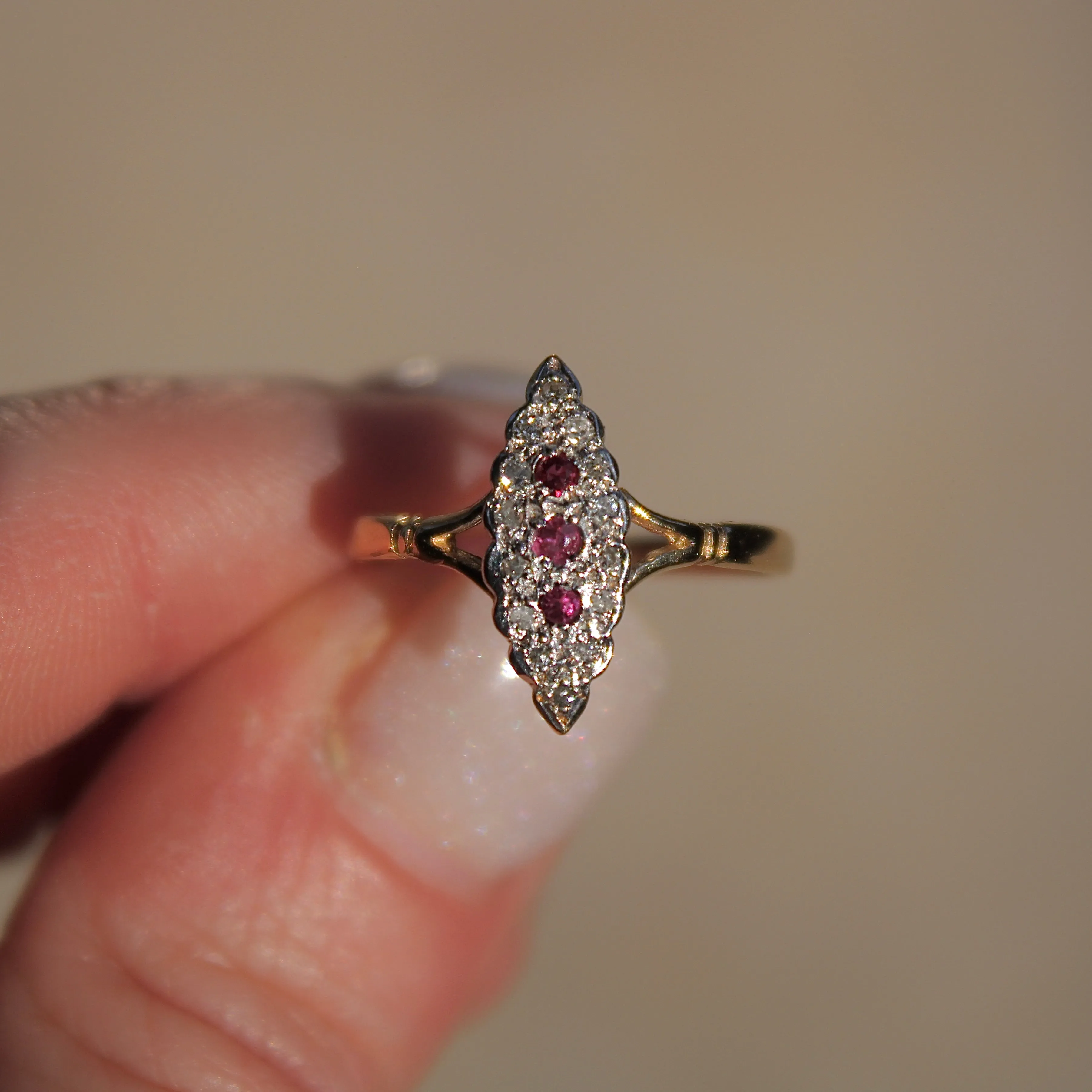 Art Deco Ruby and Diamond Navette Ring- 9k Gold- (circa 1930)