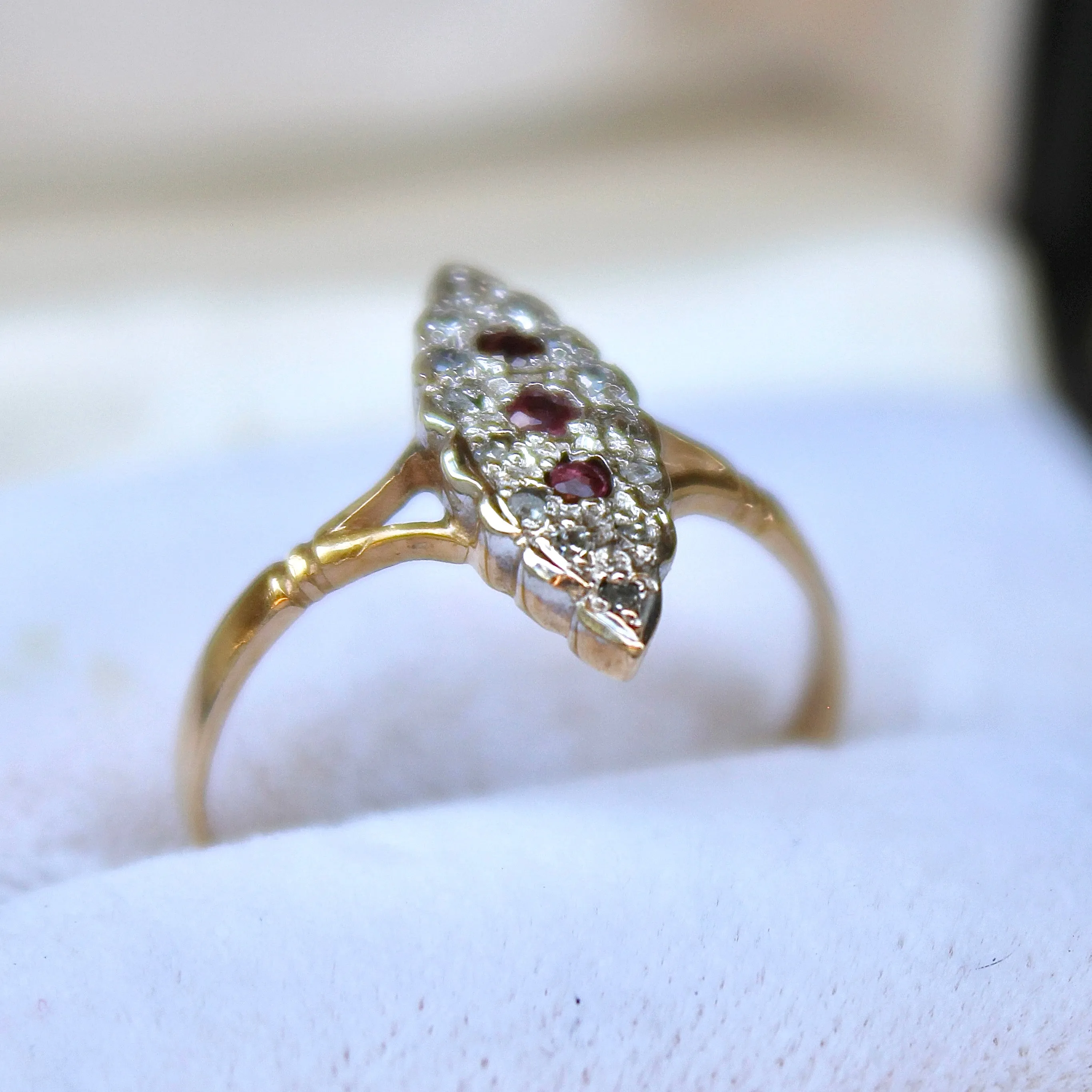 Art Deco Ruby and Diamond Navette Ring- 9k Gold- (circa 1930)