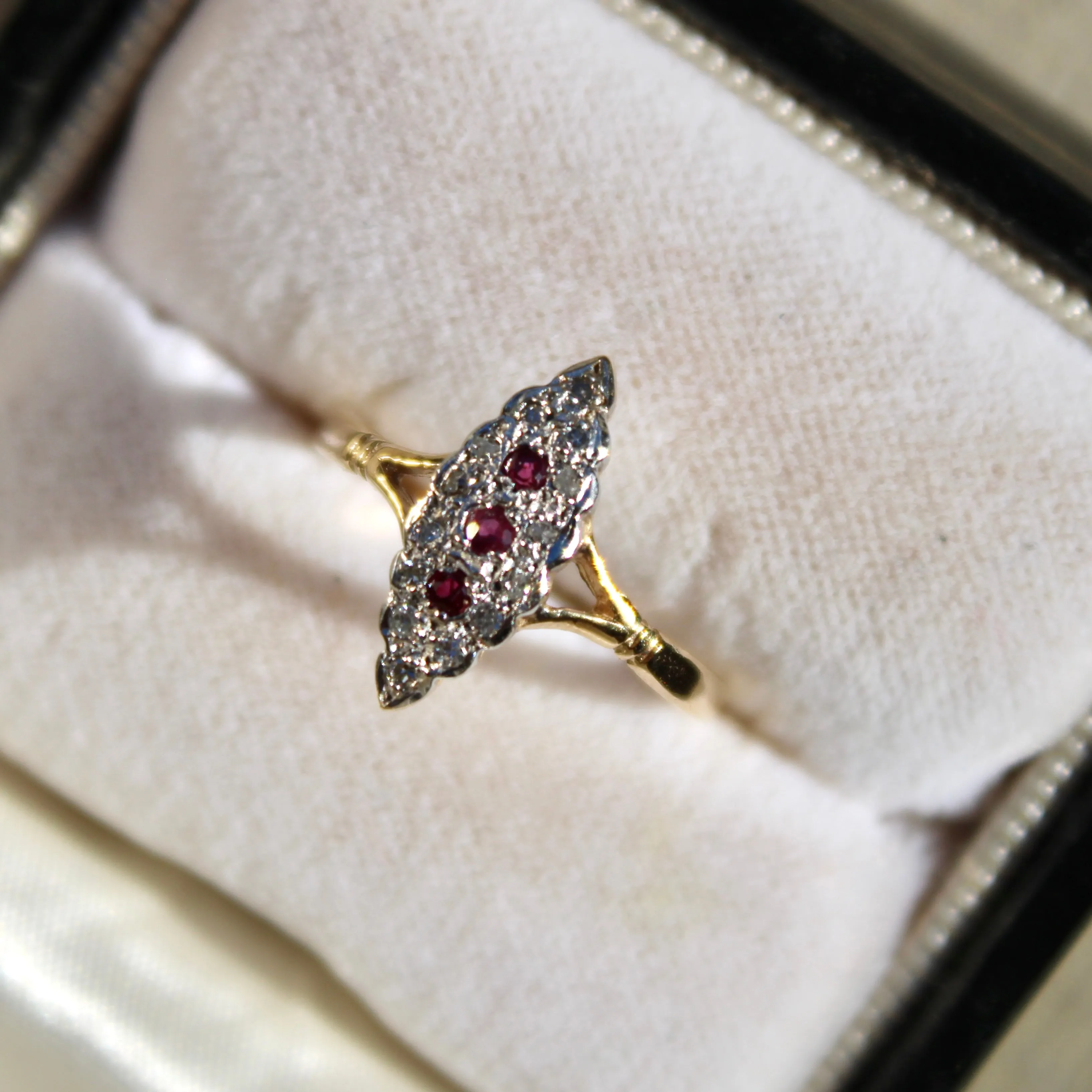 Art Deco Ruby and Diamond Navette Ring- 9k Gold- (circa 1930)