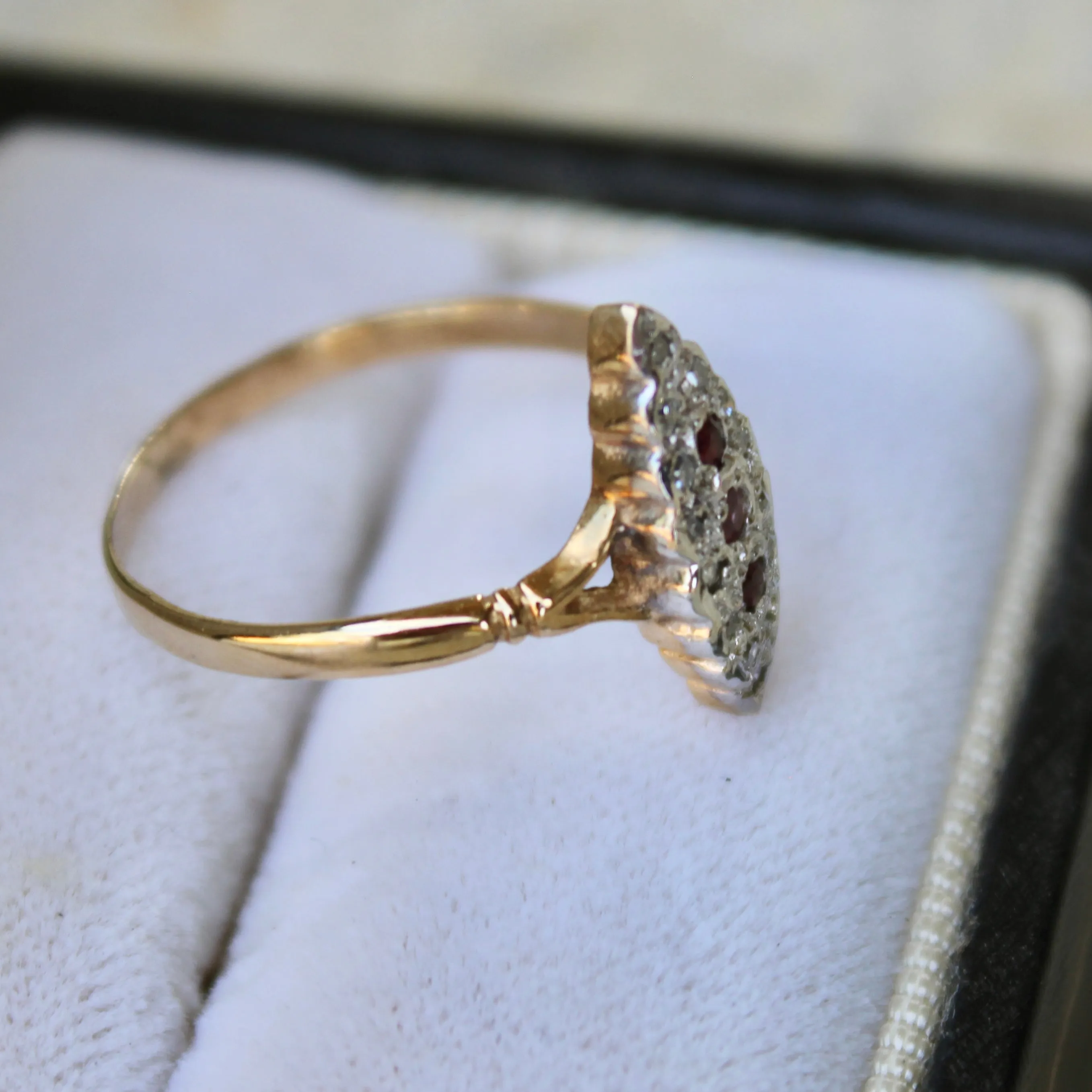 Art Deco Ruby and Diamond Navette Ring- 9k Gold- (circa 1930)