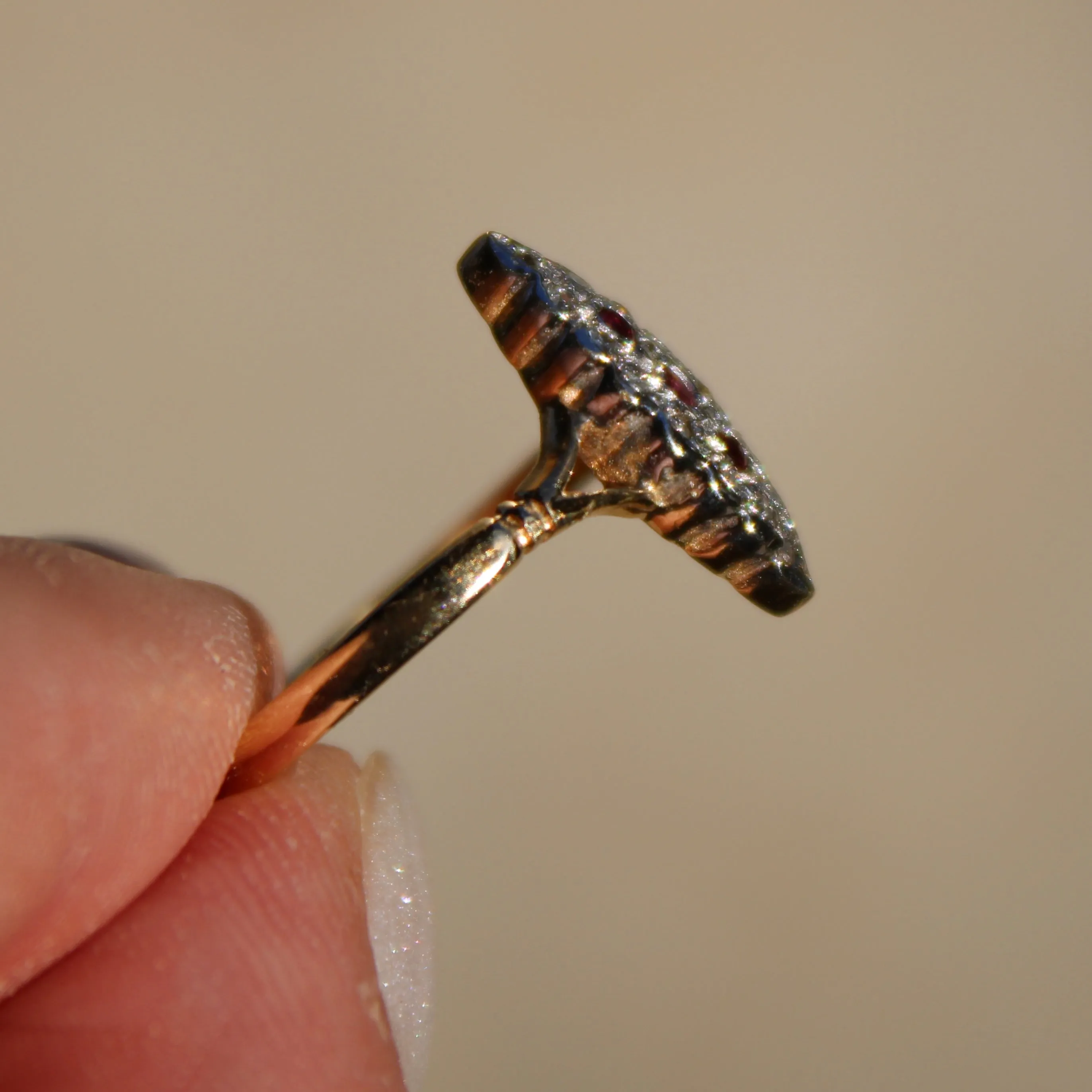 Art Deco Ruby and Diamond Navette Ring- 9k Gold- (circa 1930)