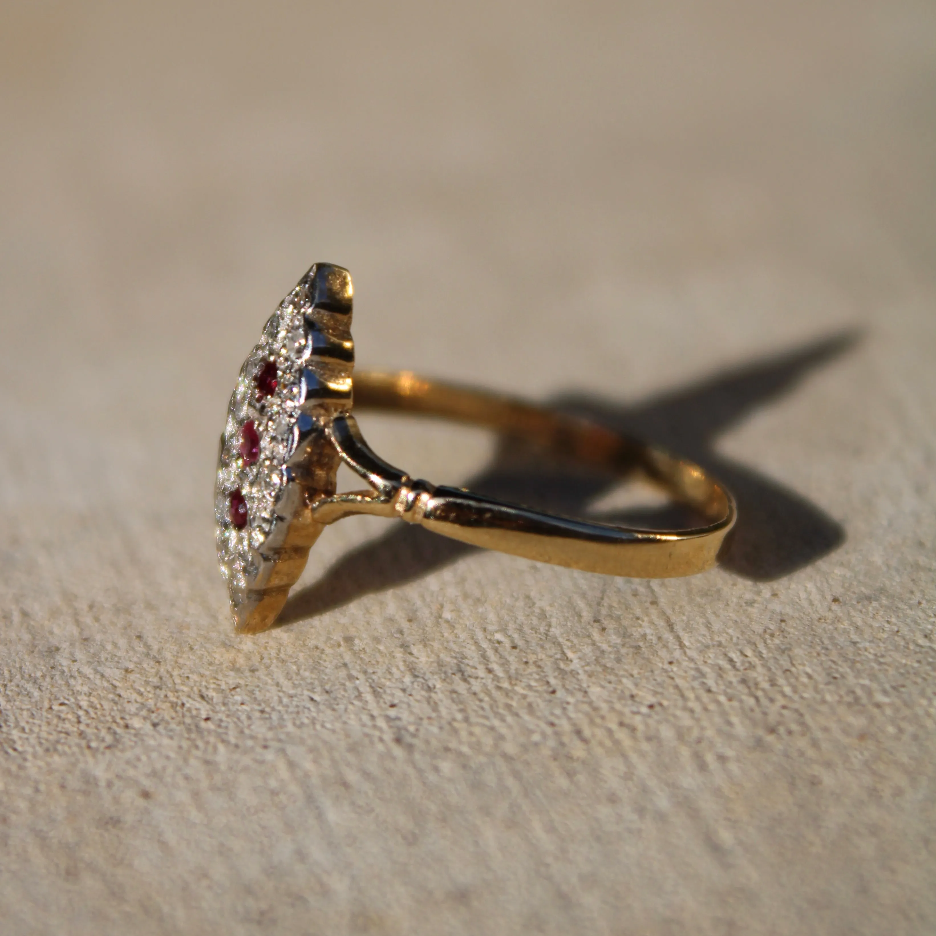 Art Deco Ruby and Diamond Navette Ring- 9k Gold- (circa 1930)