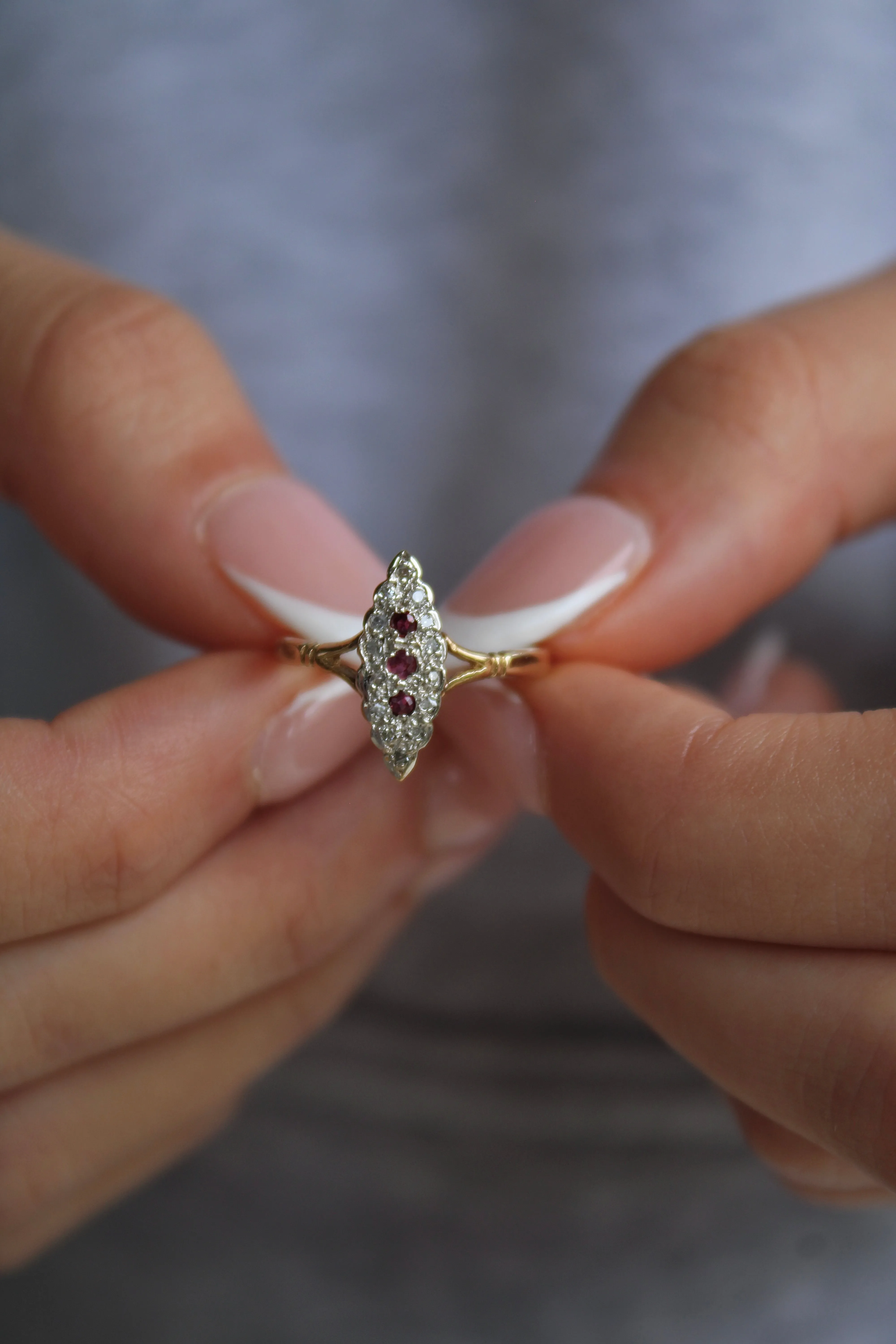 Art Deco Ruby and Diamond Navette Ring- 9k Gold- (circa 1930)
