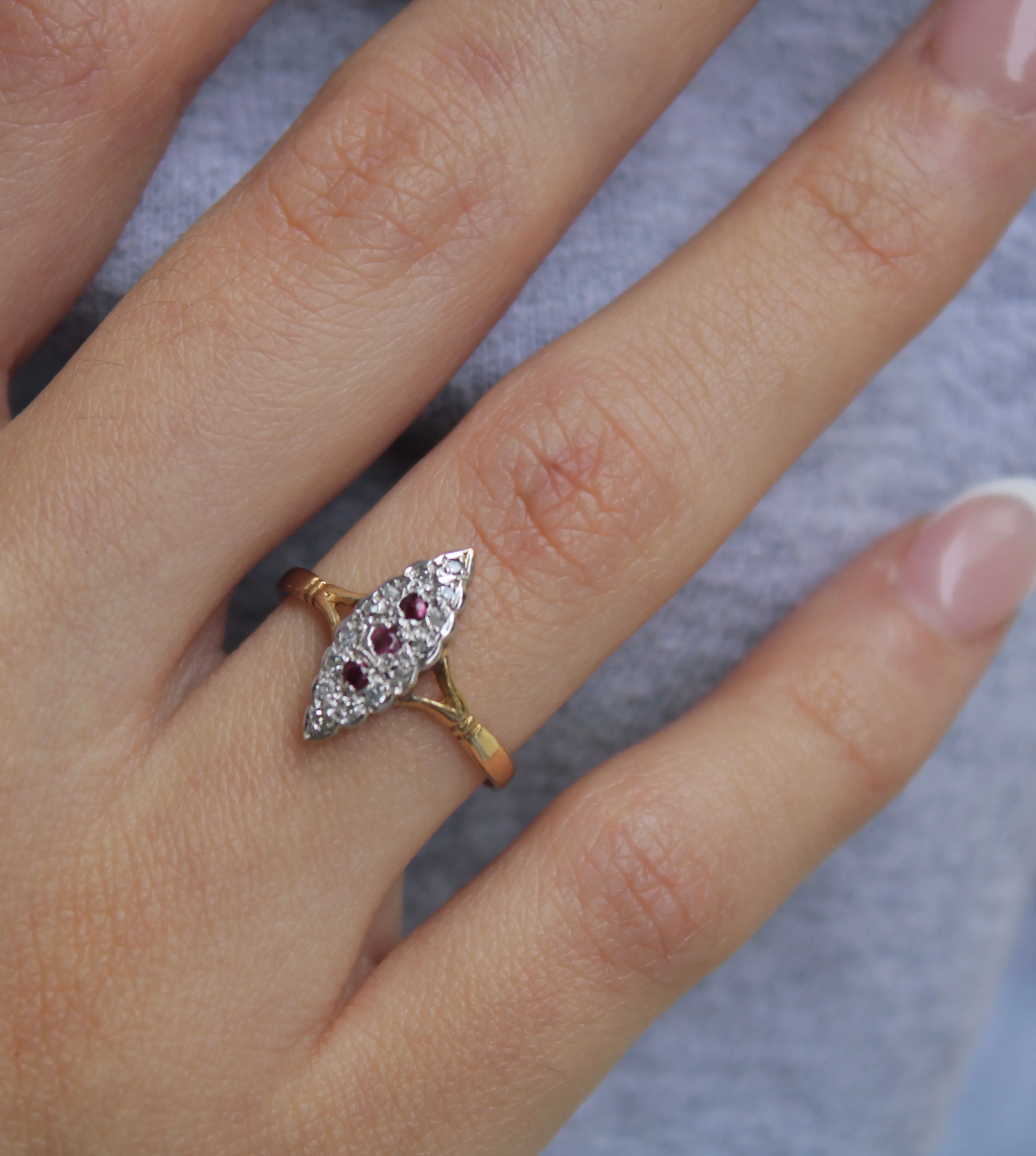 Art Deco Ruby and Diamond Navette Ring- 9k Gold- (circa 1930)