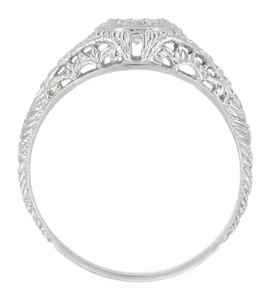 Art Deco Vintage Engraved Filigree Diamond Engagement Ring with Emerald Side Stones in 14 Karat White Gold