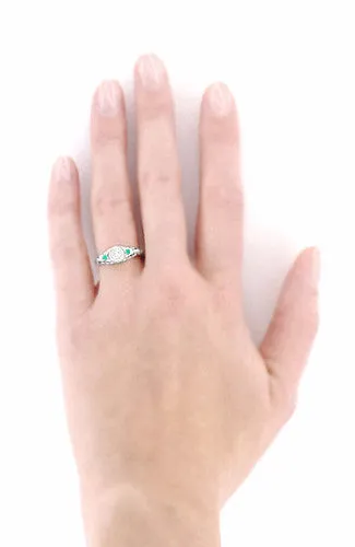 Art Deco Vintage Engraved Filigree Diamond Engagement Ring with Emerald Side Stones in 14 Karat White Gold