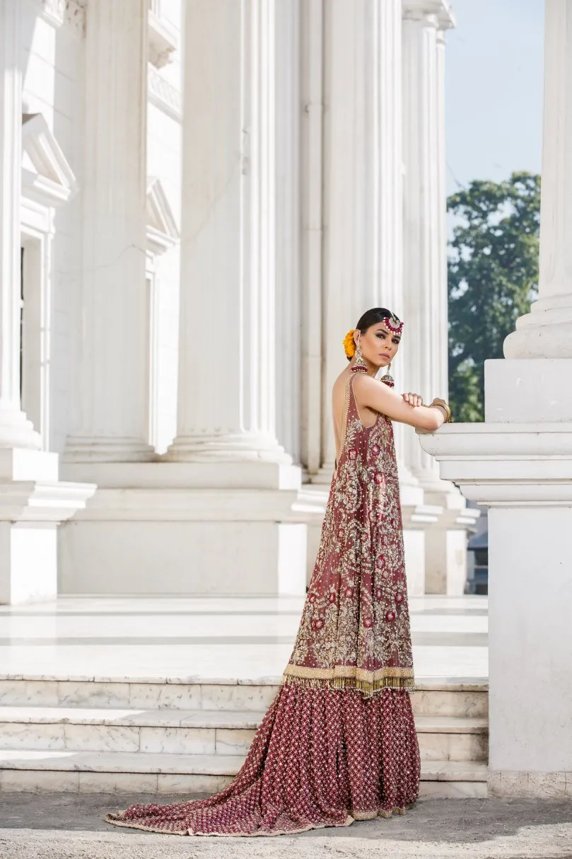 Beautiful embroidered Indian bridal outfit in reddish maroon color # B3345