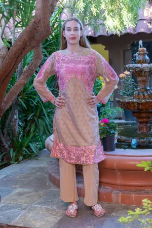 Beige Net Embroidered Shirt with Silk Pants & Pink Embroidered Scarf-Dupatta