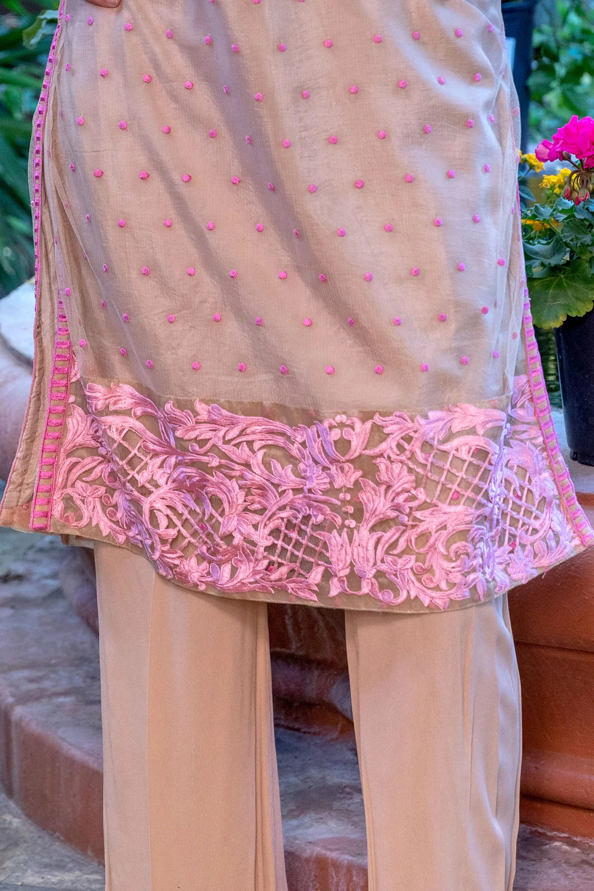 Beige Net Embroidered Shirt with Silk Pants & Pink Embroidered Scarf-Dupatta