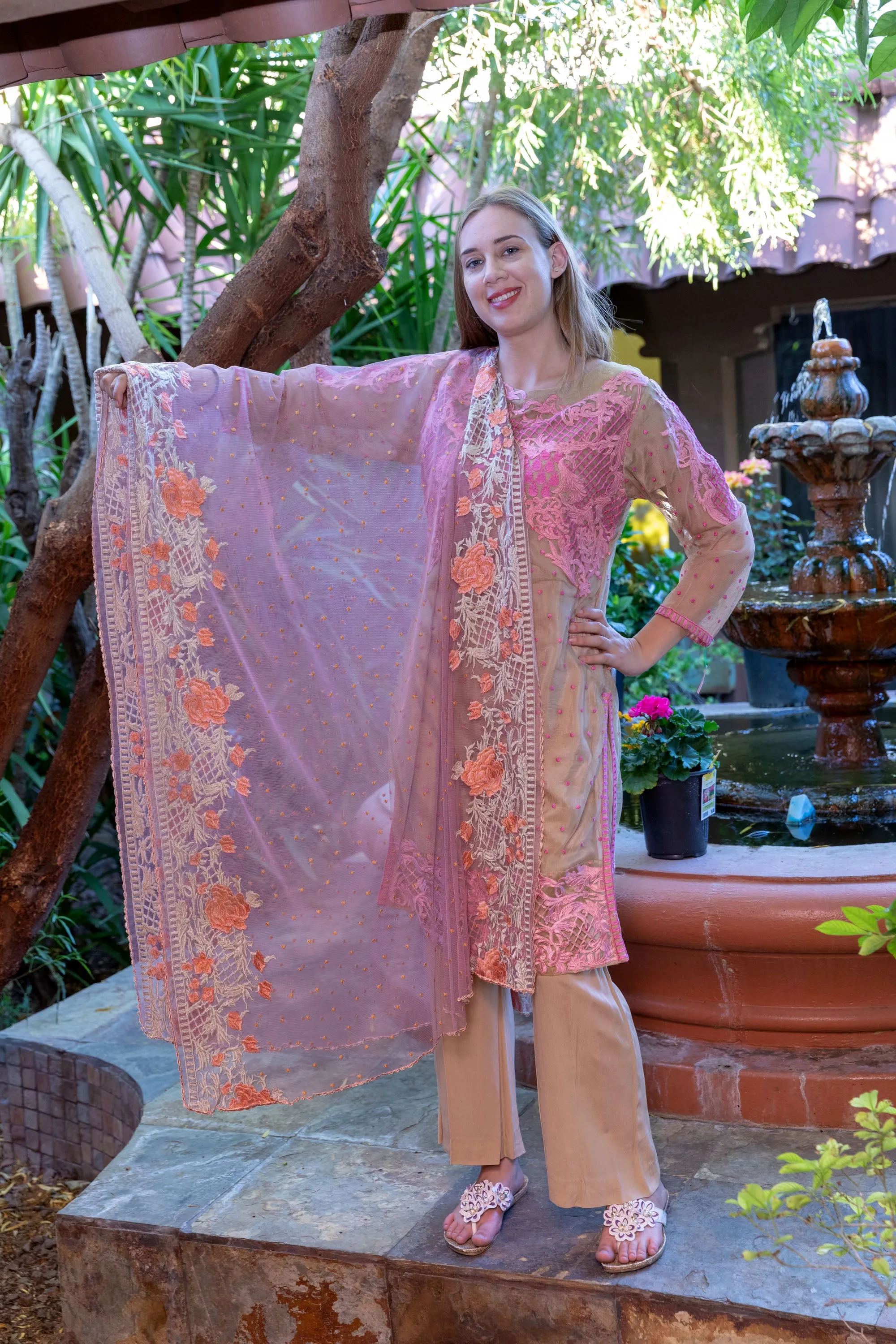Beige Net Embroidered Shirt with Silk Pants & Pink Embroidered Scarf-Dupatta
