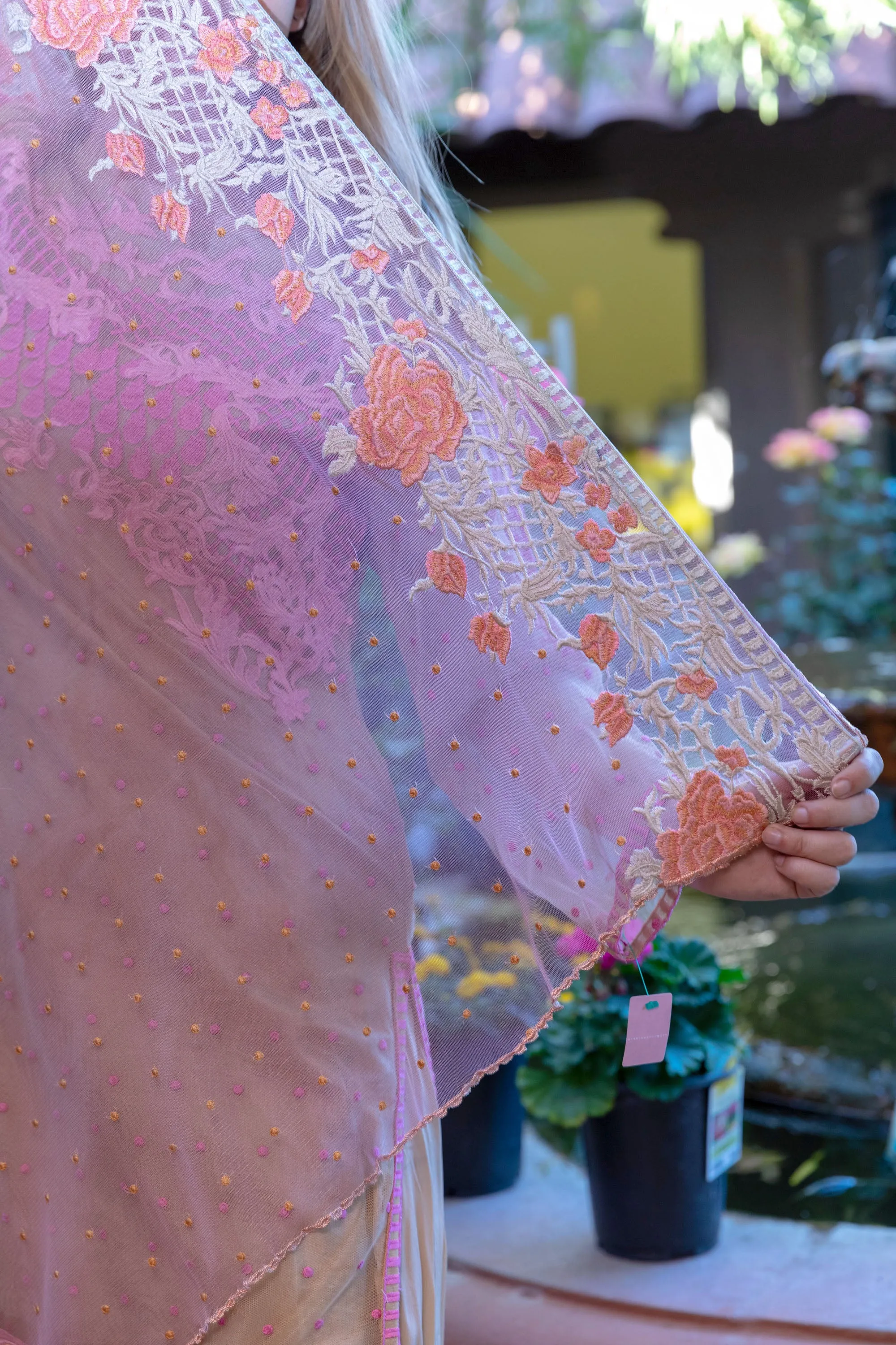 Beige Net Embroidered Shirt with Silk Pants & Pink Embroidered Scarf-Dupatta