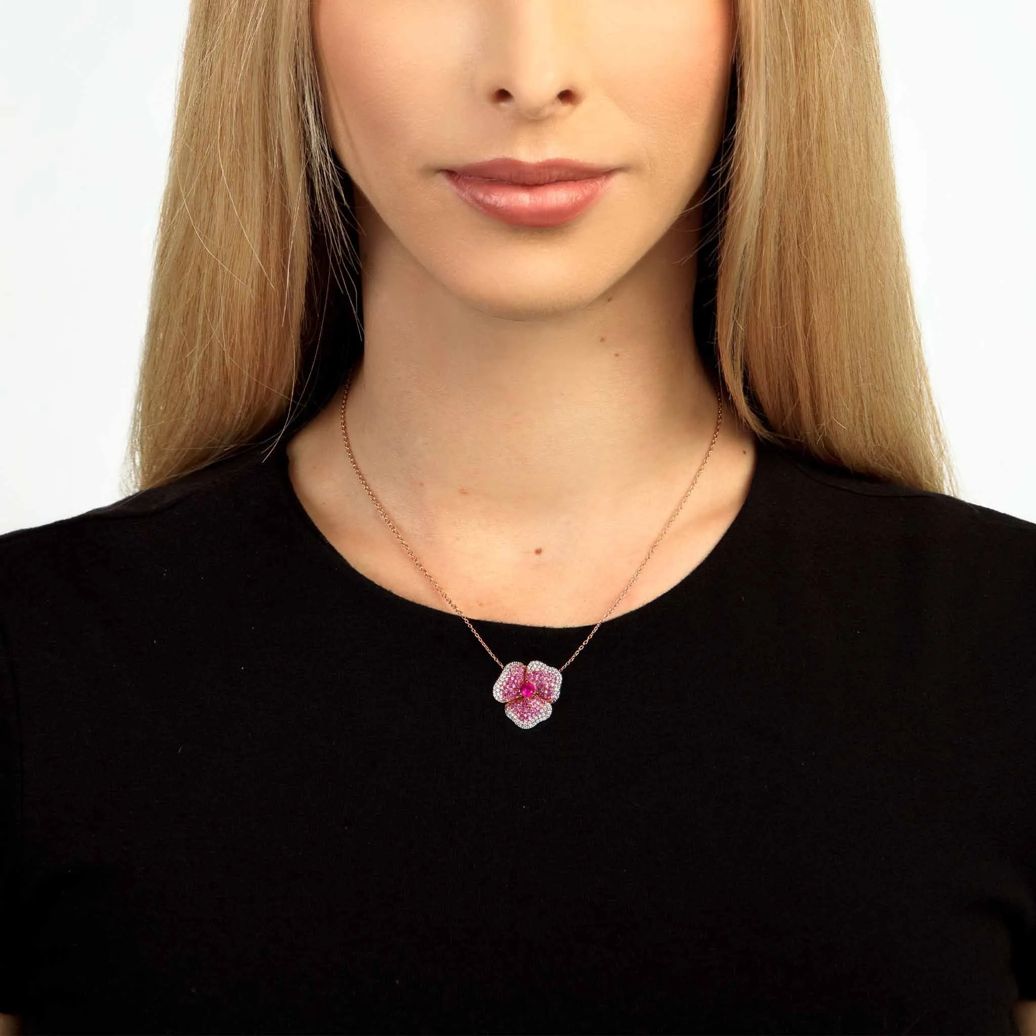 Bloom Medium Flower Dark Pink Sapphire Necklace in Rose Gold
