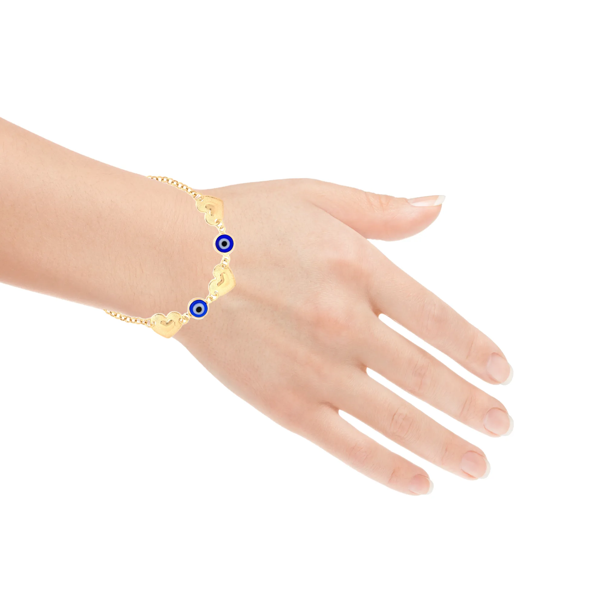 Blue Evil Eye charm bracelet and Heart Lucky chain rolo link