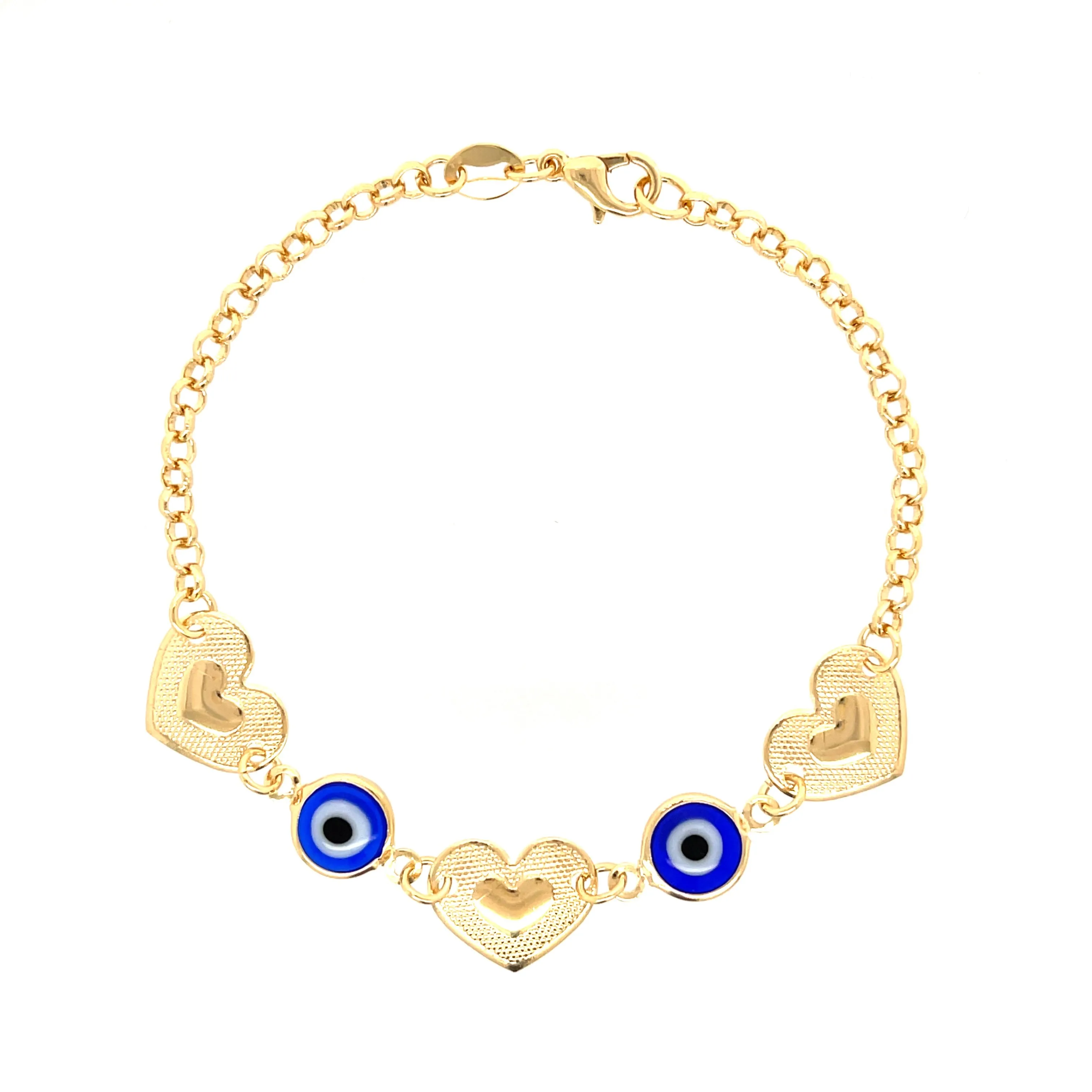 Blue Evil Eye charm bracelet and Heart Lucky chain rolo link
