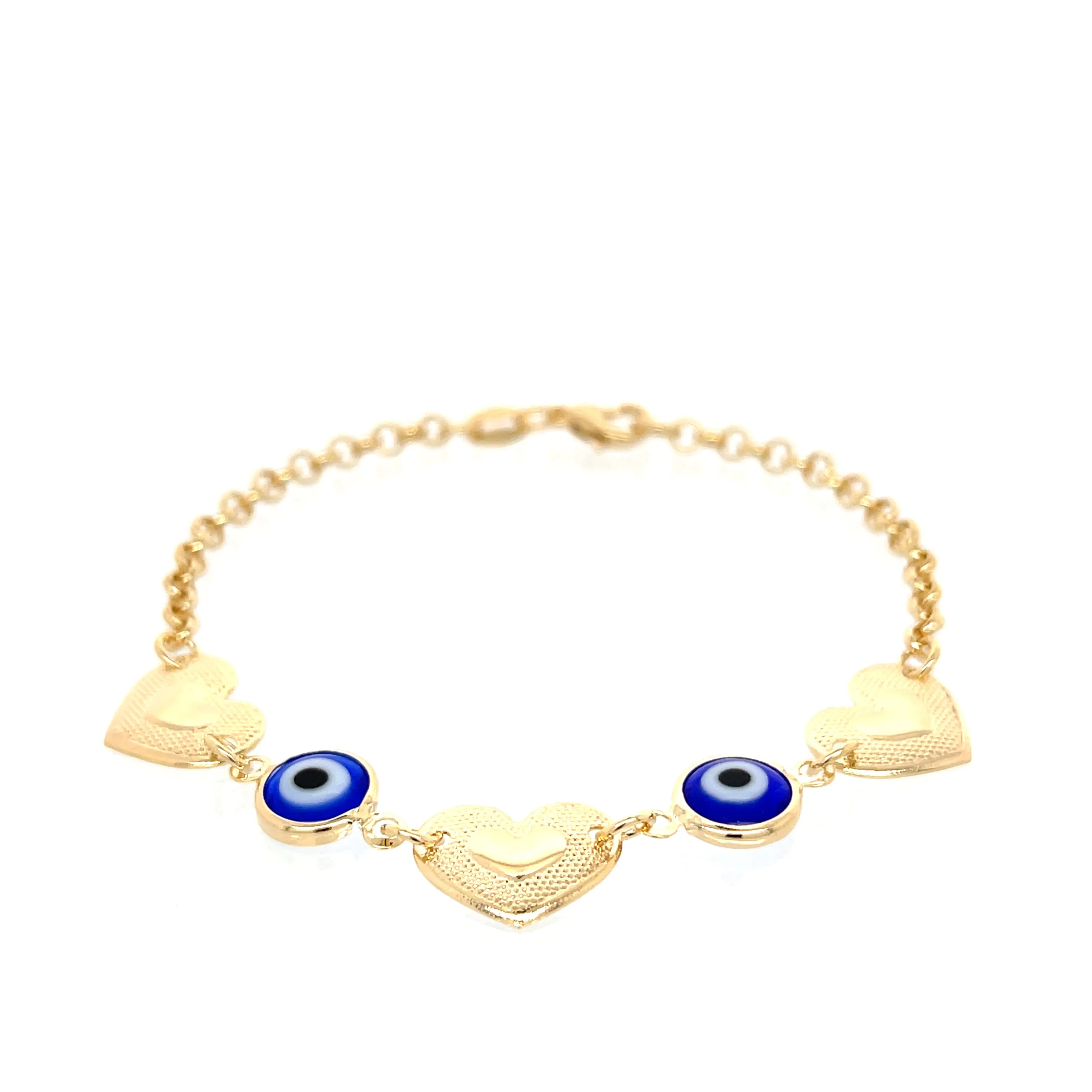 Blue Evil Eye charm bracelet and Heart Lucky chain rolo link