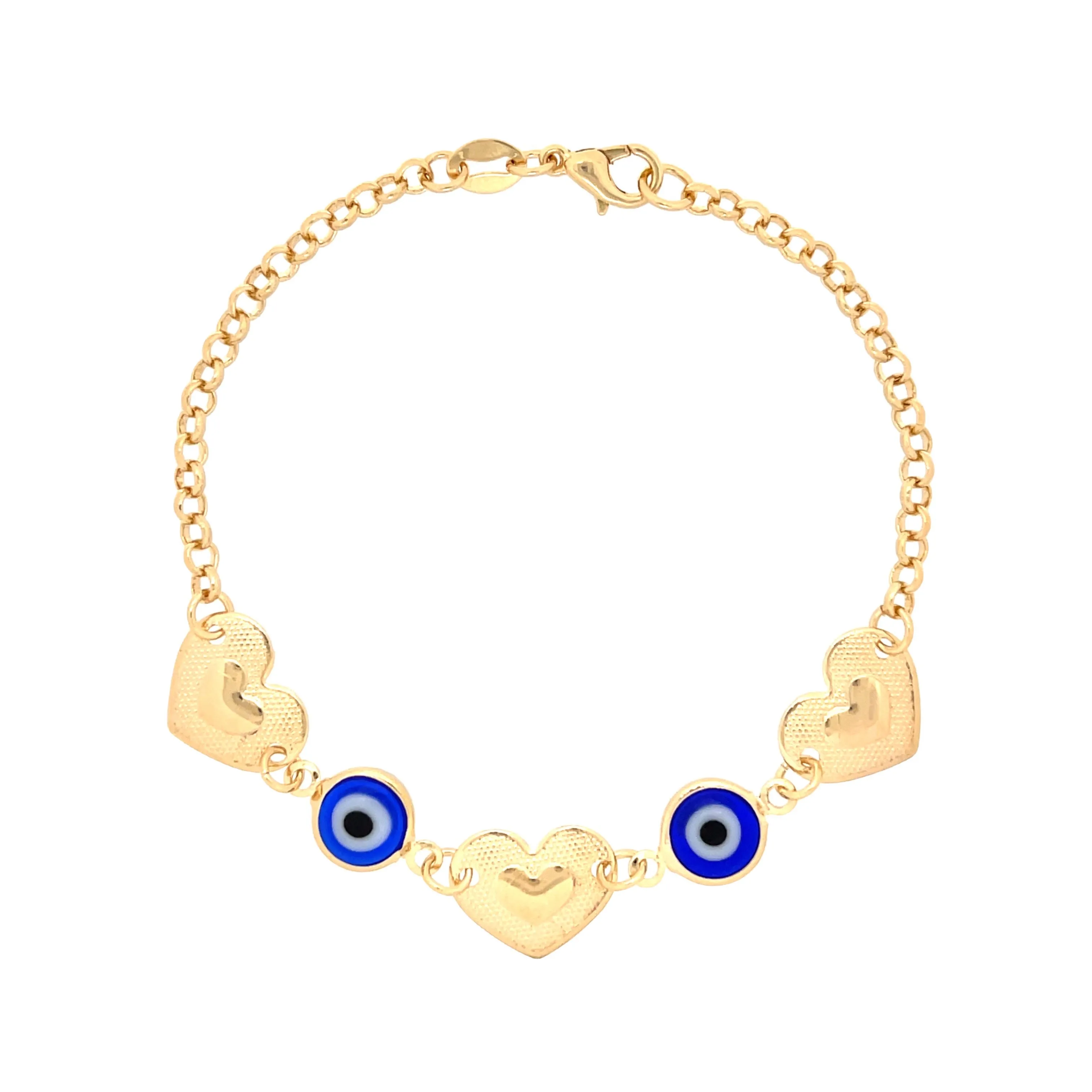 Blue Evil Eye charm bracelet and Heart Lucky chain rolo link