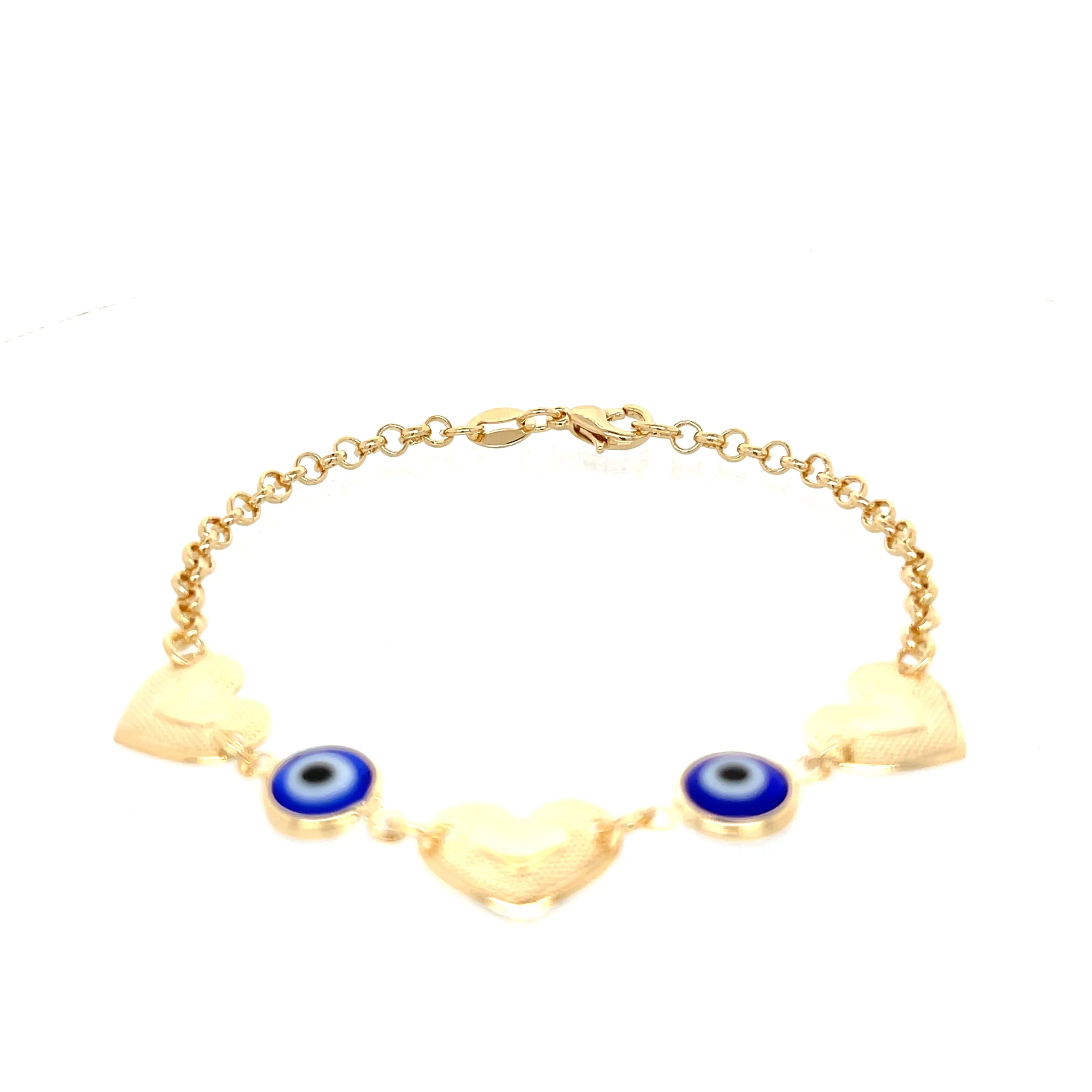 Blue Evil Eye charm bracelet and Heart Lucky chain rolo link