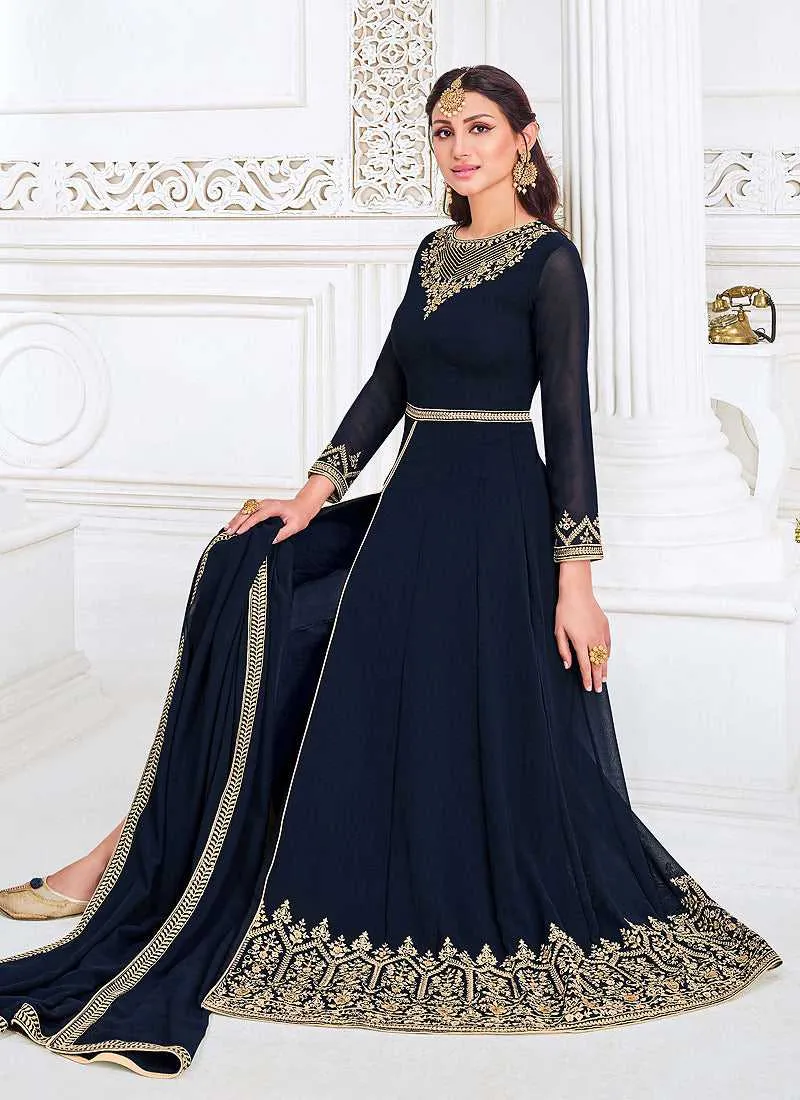 Blue Heavy Embroidered Slit Style Anarkali Suit