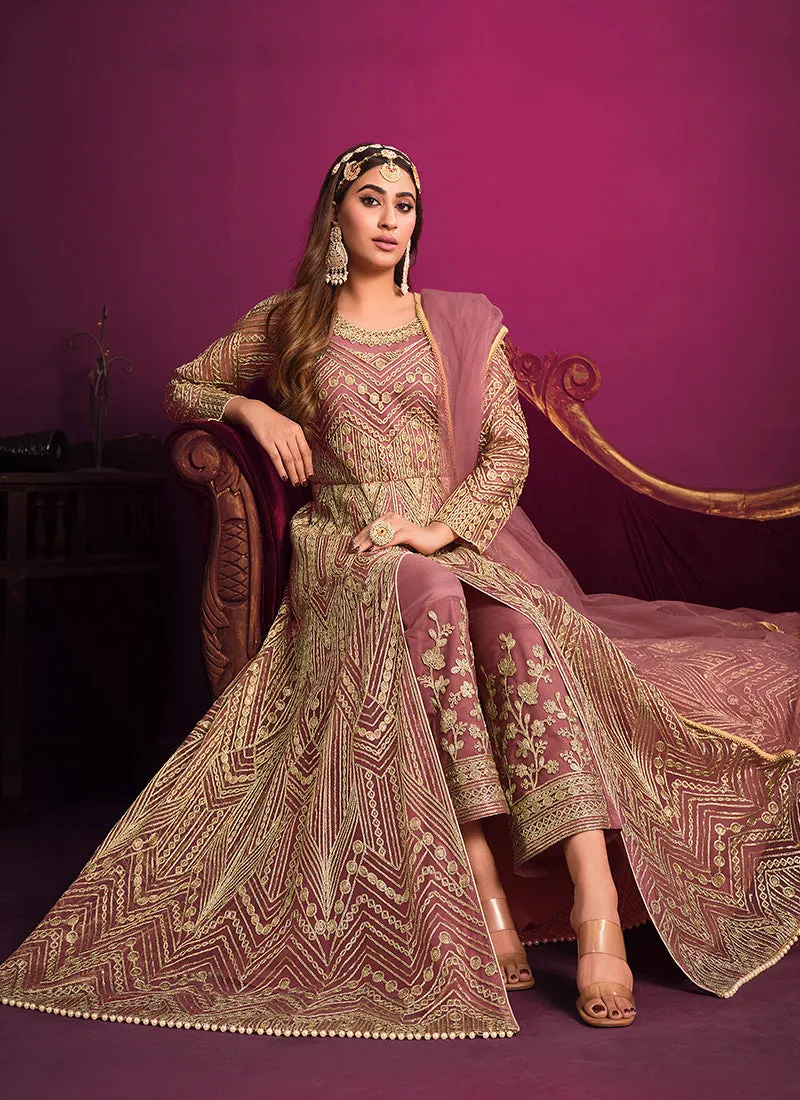 Blush Pink Embroidery Slit Style Anarkali Pant Suit