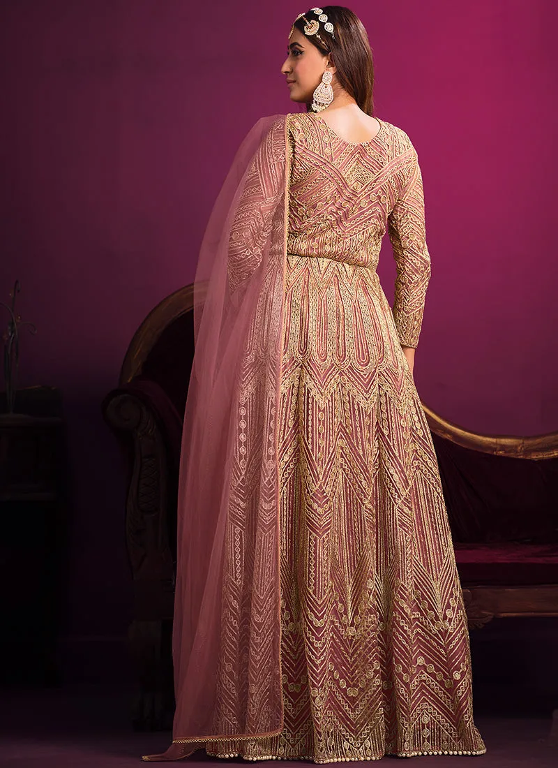 Blush Pink Embroidery Slit Style Anarkali Pant Suit