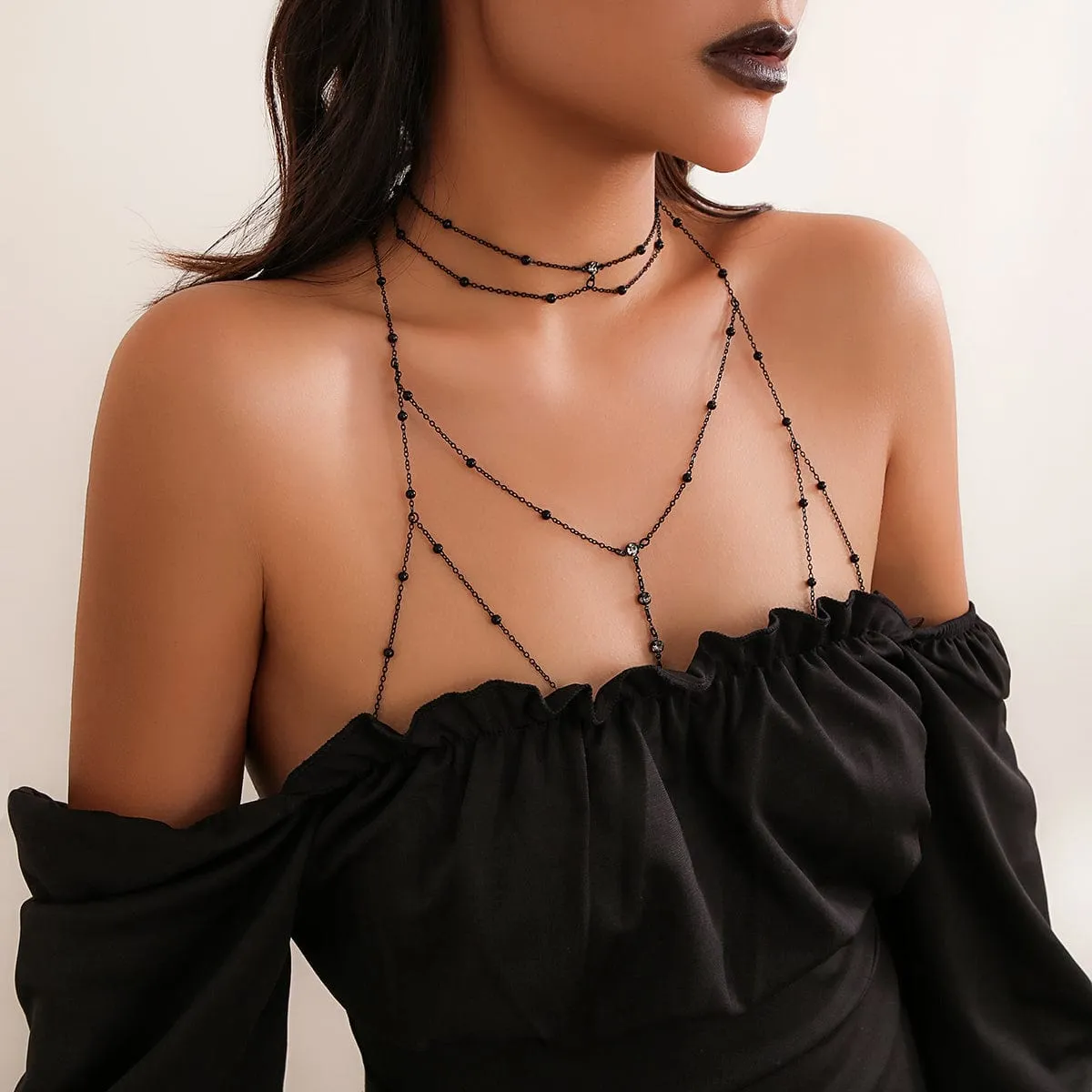 Chic Enamel Hollowed-Out Crystal Charm Ball Chain Bra