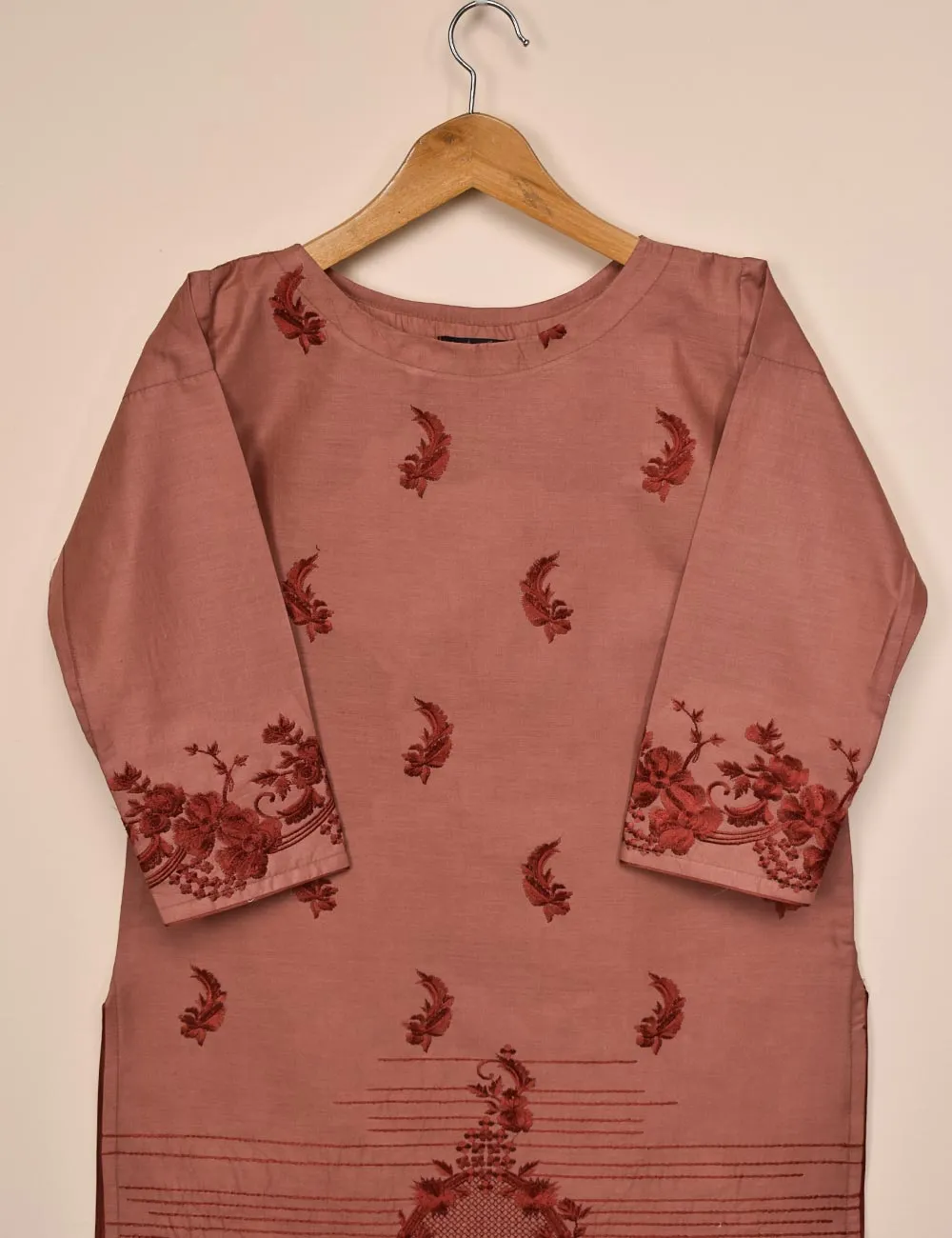Cotton Embroidered Stitched Kurti - Elegant Hibiscus (T20-061A-Blush)