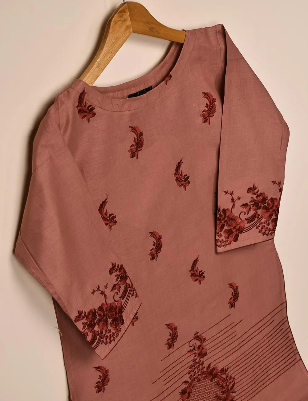Cotton Embroidered Stitched Kurti - Elegant Hibiscus (T20-061A-Blush)