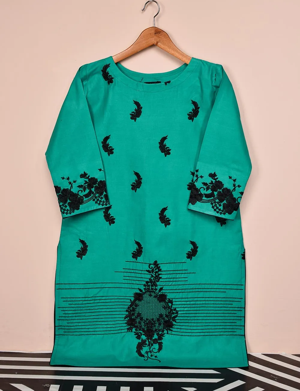 Cotton Embroidered Stitched Kurti - Elegant Hibiscus (T20-061B-SeaGreen)
