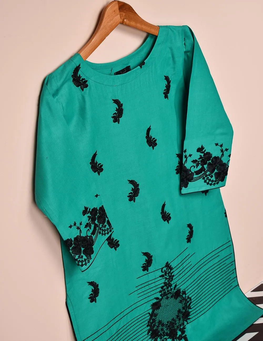 Cotton Embroidered Stitched Kurti - Elegant Hibiscus (T20-061B-SeaGreen)