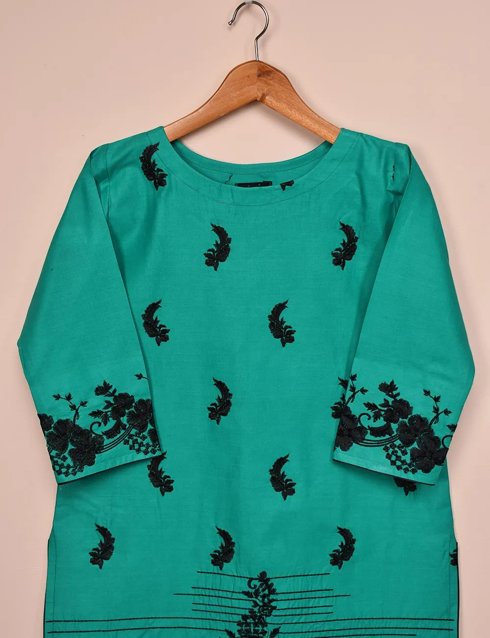 Cotton Embroidered Stitched Kurti - Elegant Hibiscus (T20-061B-SeaGreen)