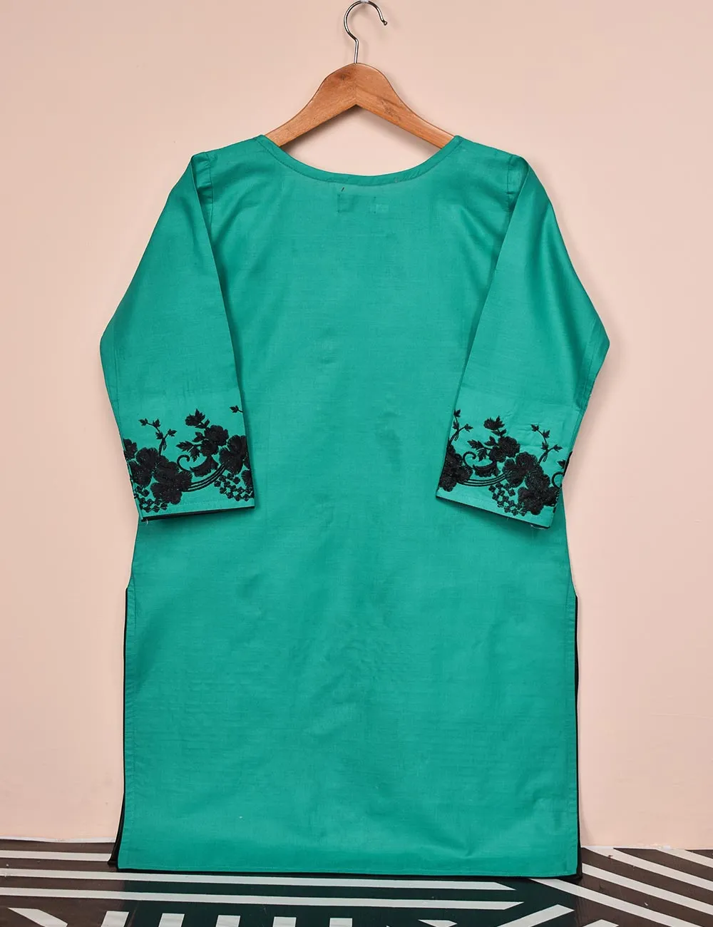 Cotton Embroidered Stitched Kurti - Elegant Hibiscus (T20-061B-SeaGreen)