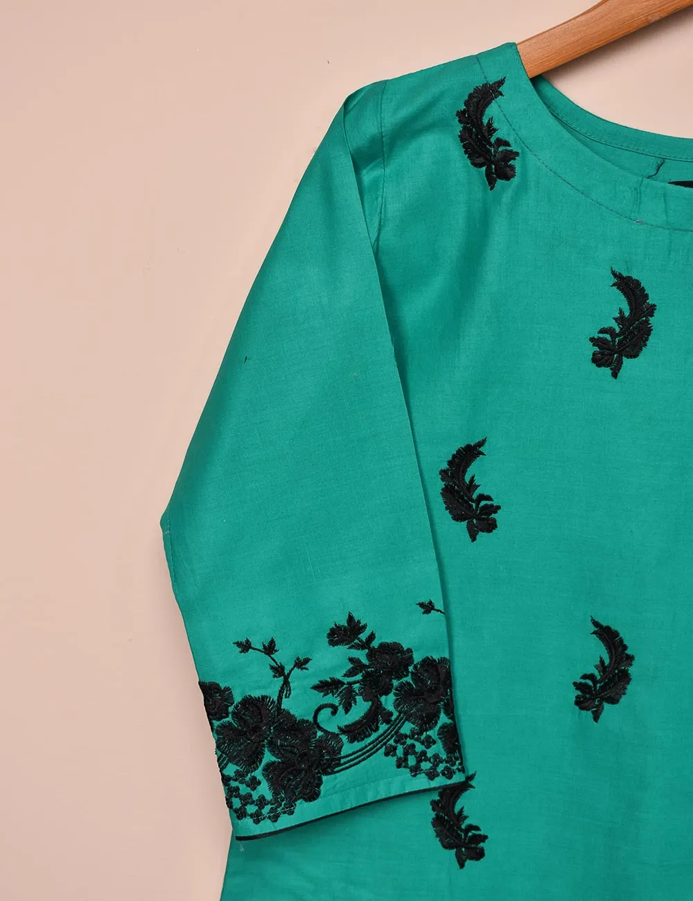 Cotton Embroidered Stitched Kurti - Elegant Hibiscus (T20-061B-SeaGreen)