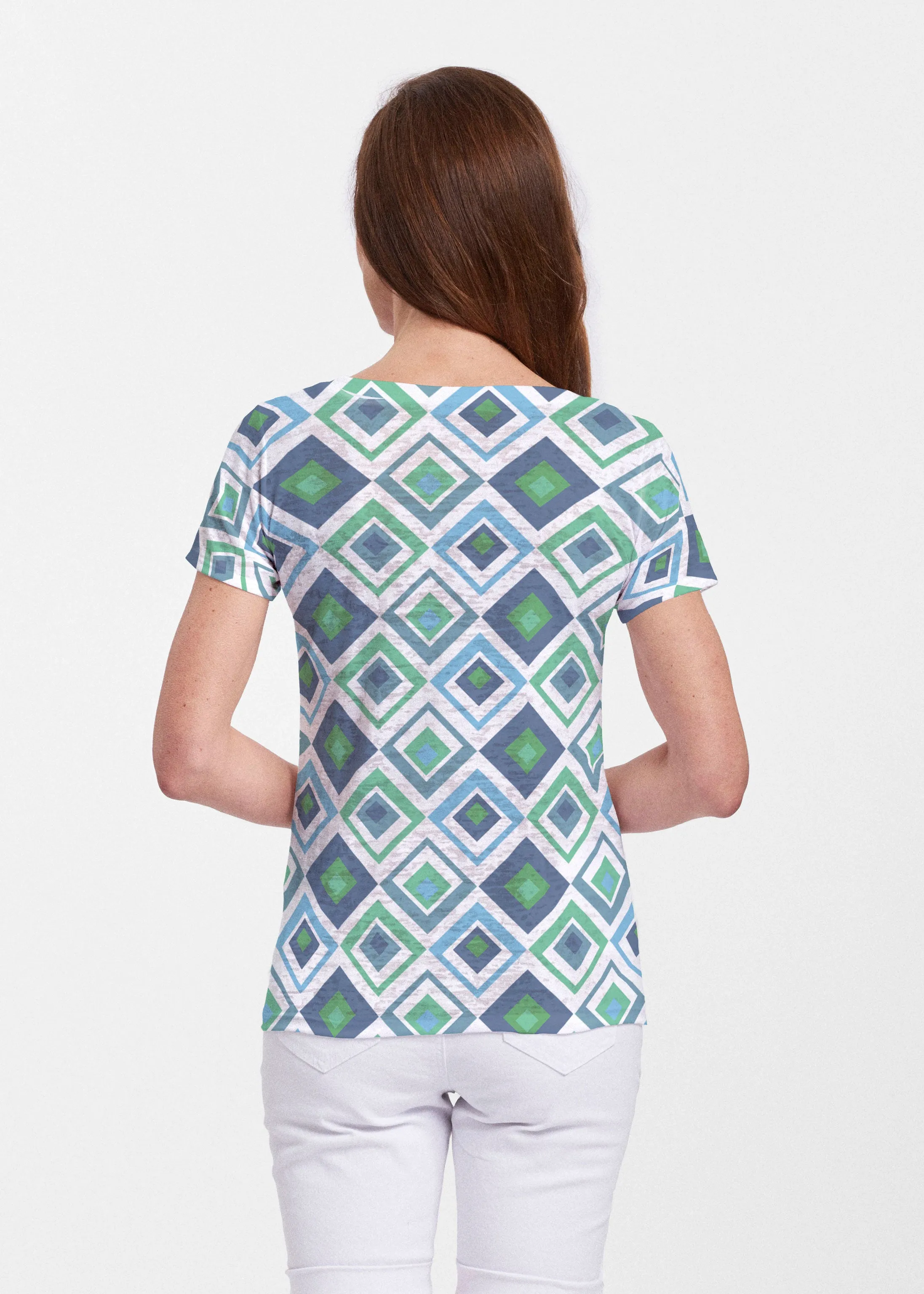 Cubed Blue (7807) ~ Sheer Short Sleeve V-Neck Shirt
