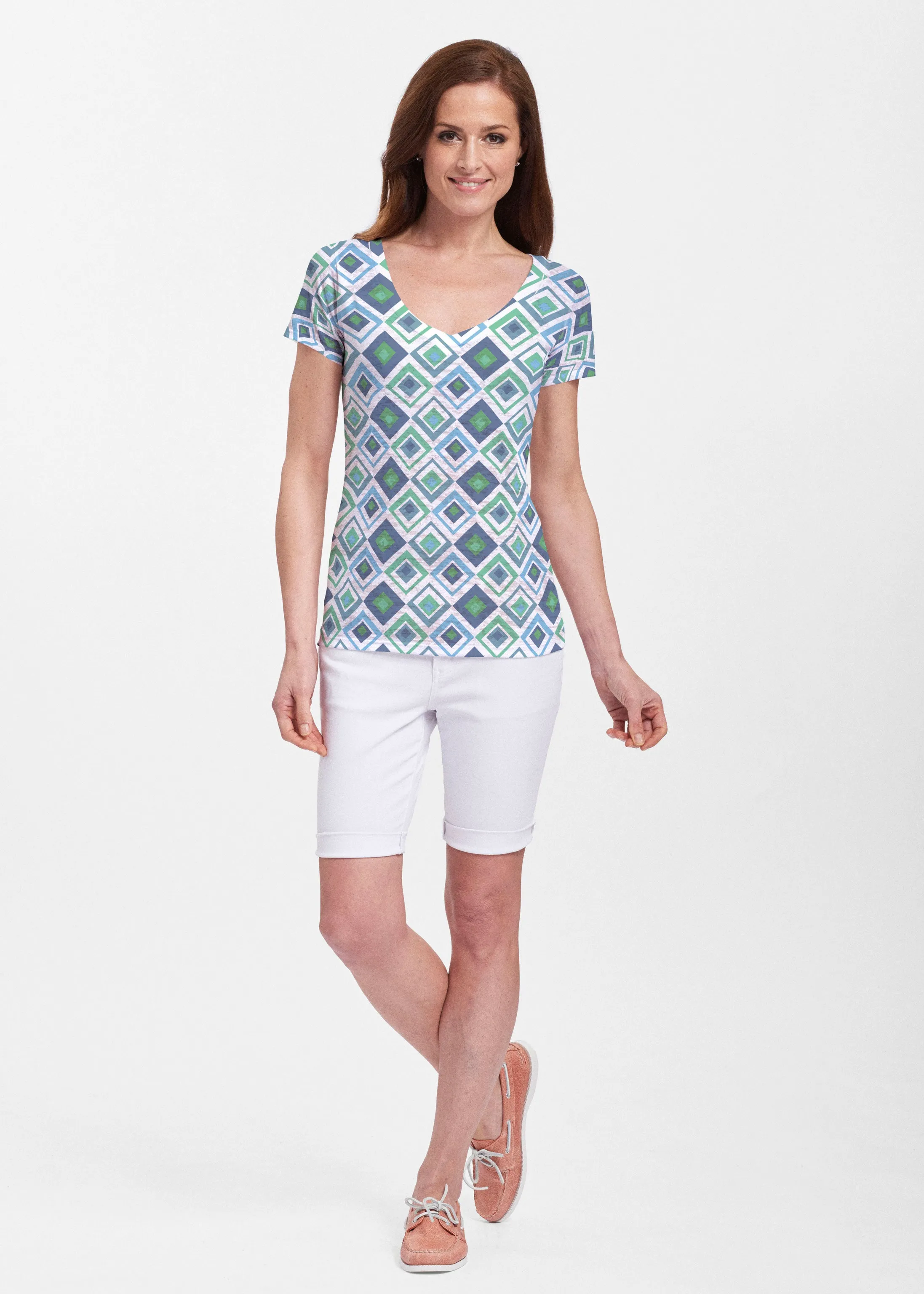 Cubed Blue (7807) ~ Sheer Short Sleeve V-Neck Shirt