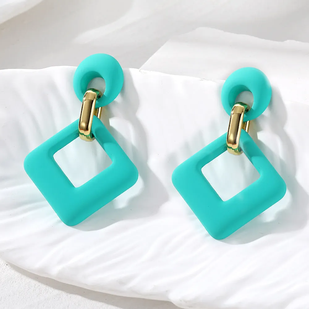 Cyan Enamel & 18K Gold-Plated Open Rhombus Drop Earrings