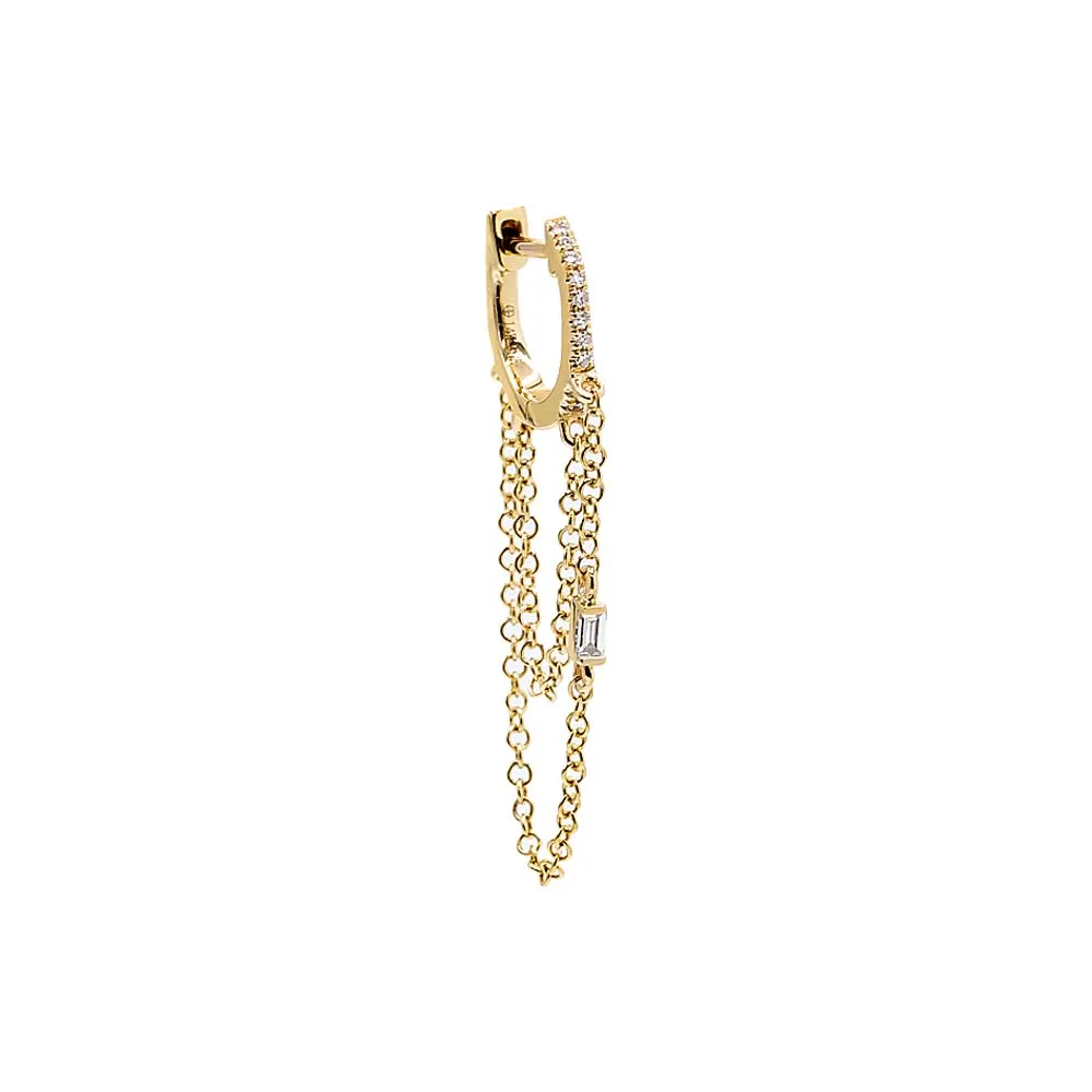 Diamond Baguette Double Chain Huggie Earring 14K