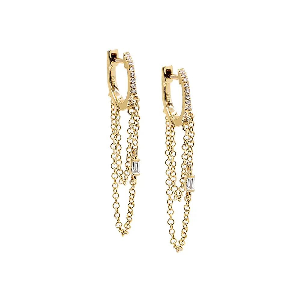 Diamond Baguette Double Chain Huggie Earring 14K