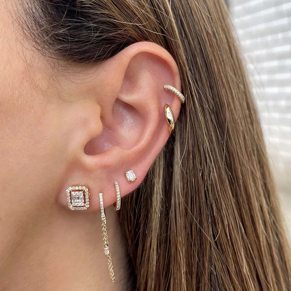 Diamond Baguette Double Chain Huggie Earring 14K
