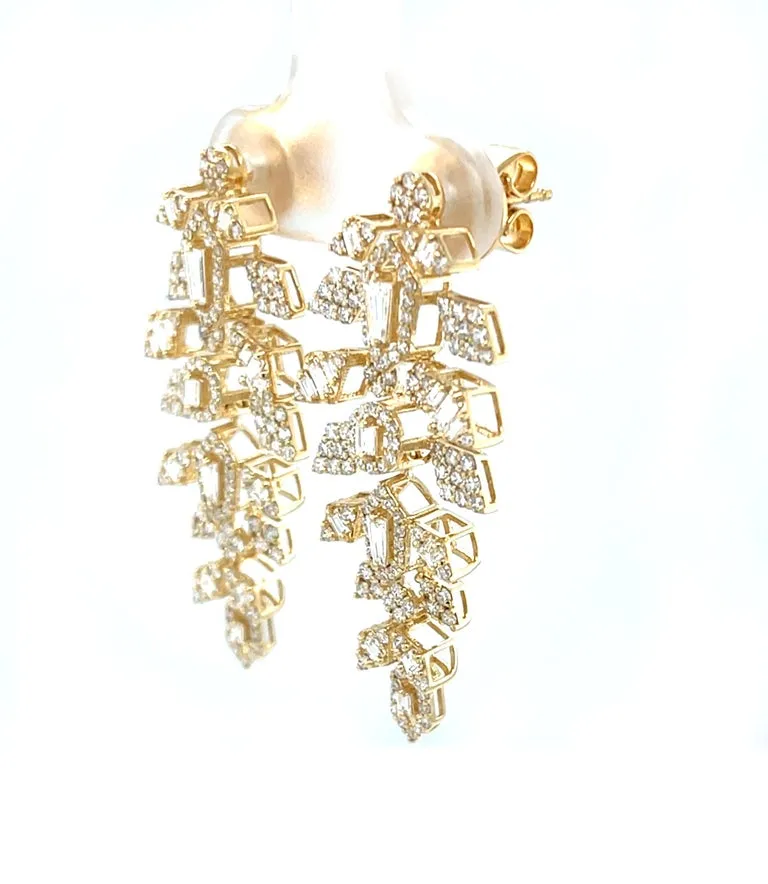 Diamond Round and Baguette Dangle Earrings in 18k Yellow Gold, 1.86 Carats Total