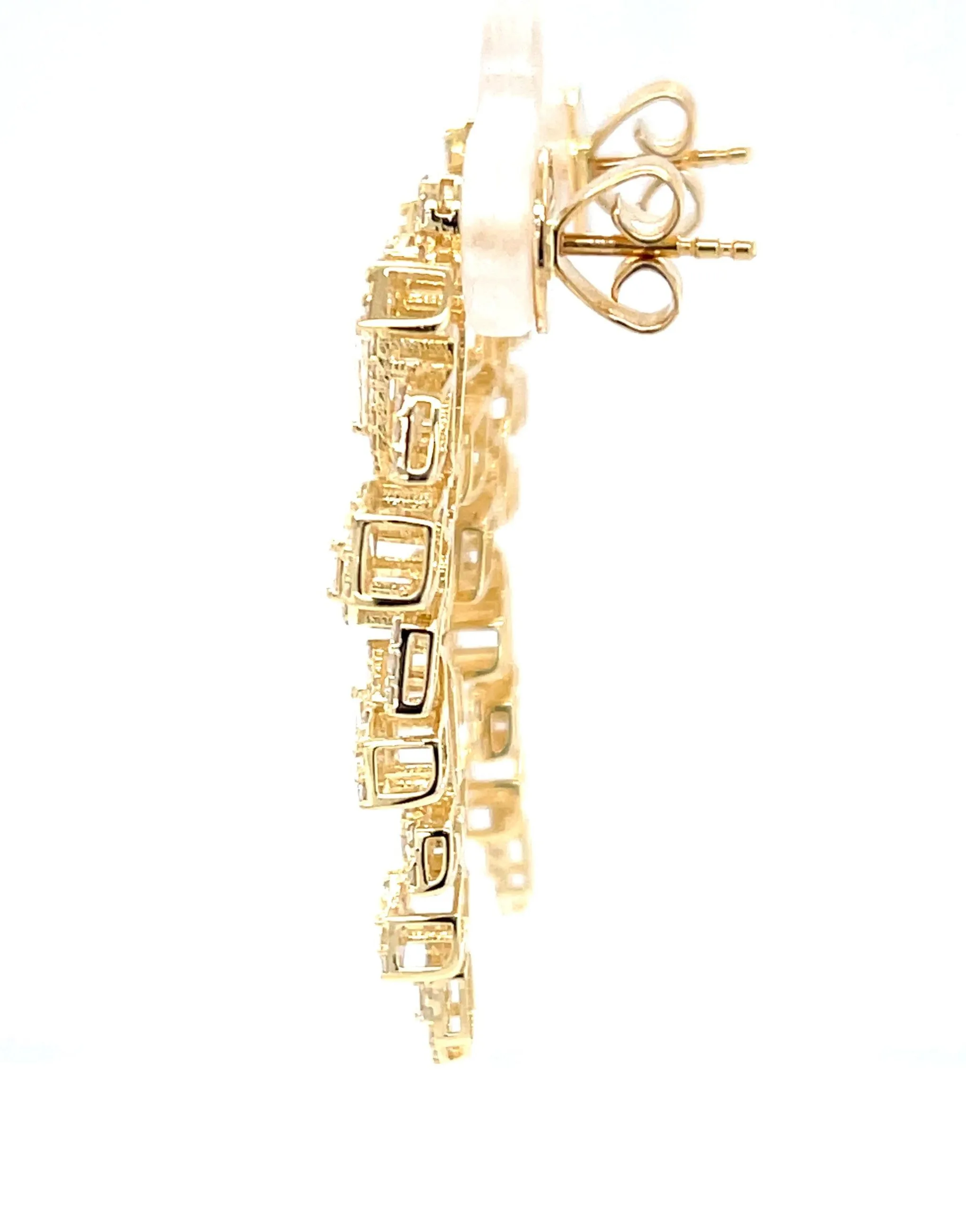 Diamond Round and Baguette Dangle Earrings in 18k Yellow Gold, 1.86 Carats Total