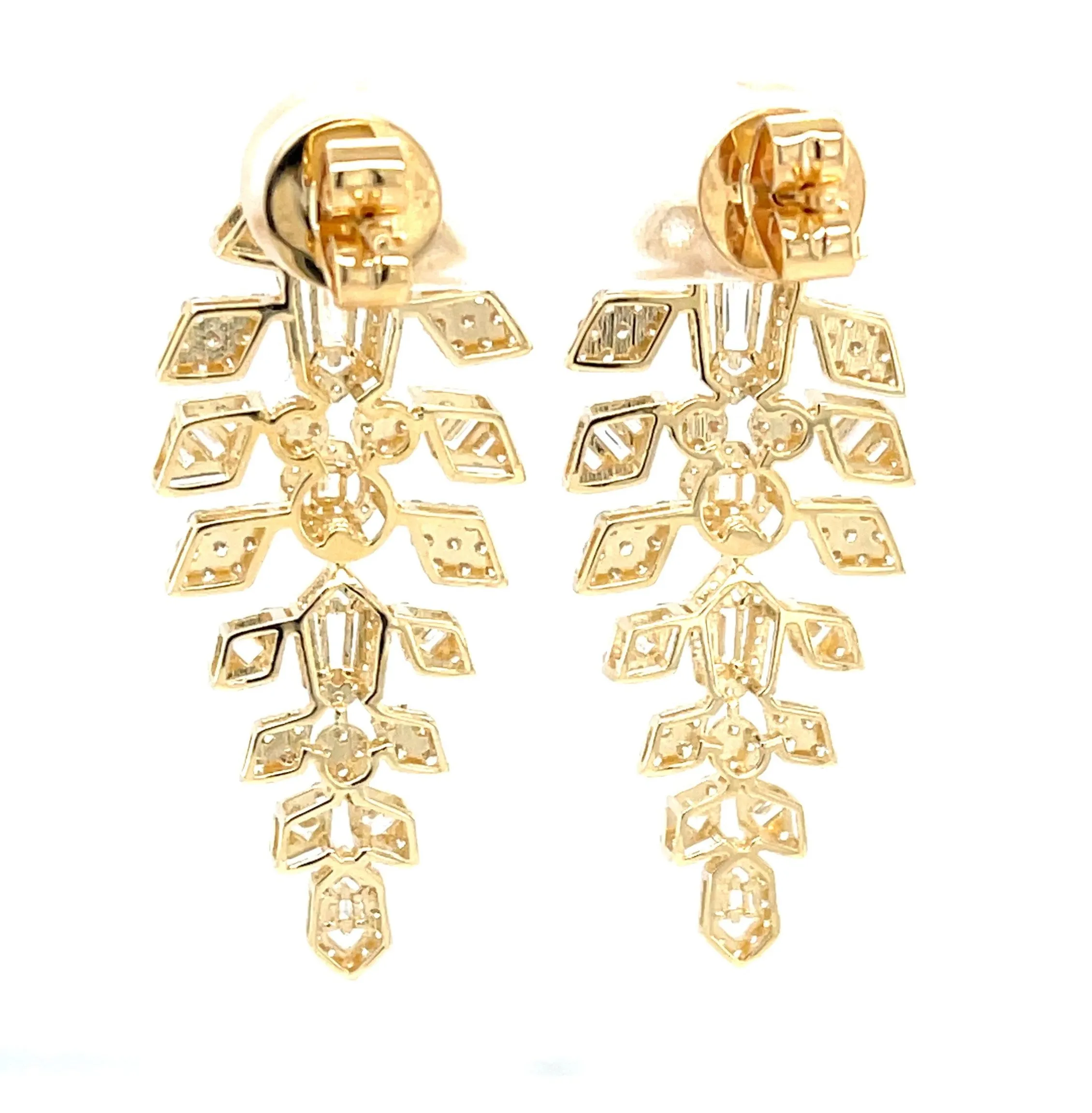 Diamond Round and Baguette Dangle Earrings in 18k Yellow Gold, 1.86 Carats Total