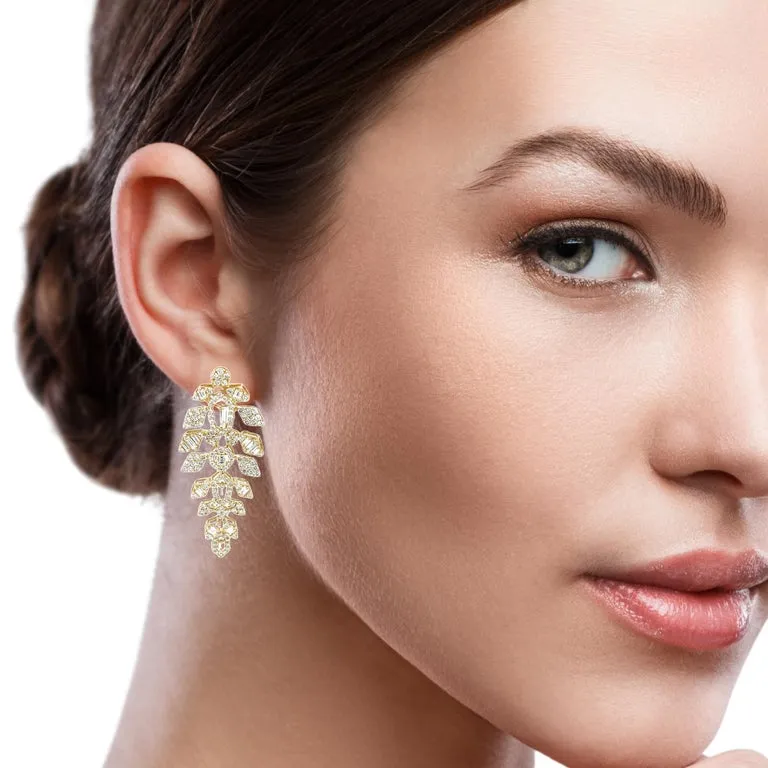 Diamond Round and Baguette Dangle Earrings in 18k Yellow Gold, 1.86 Carats Total