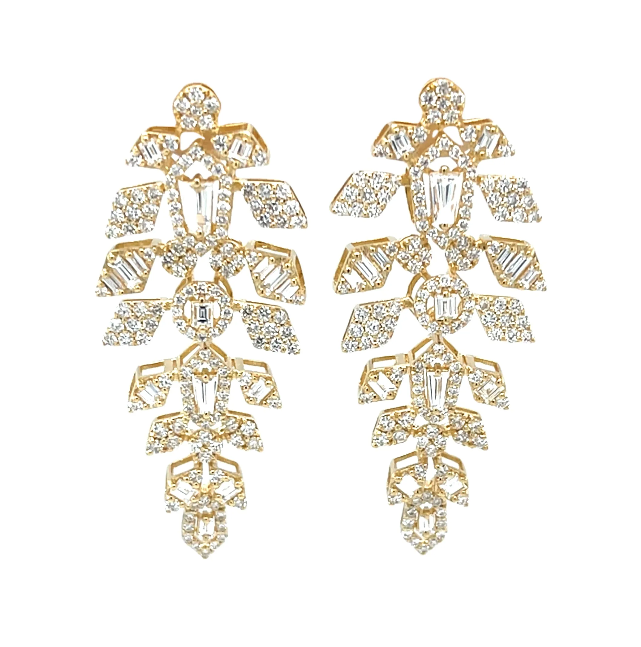 Diamond Round and Baguette Dangle Earrings in 18k Yellow Gold, 1.86 Carats Total