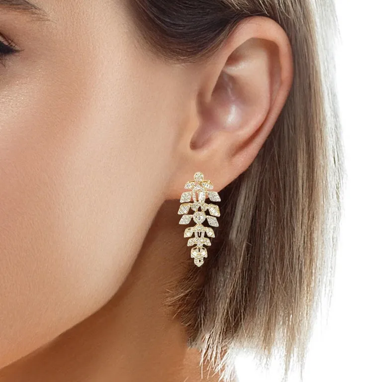 Diamond Round and Baguette Dangle Earrings in 18k Yellow Gold, 1.86 Carats Total