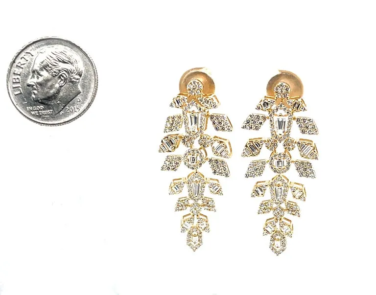 Diamond Round and Baguette Dangle Earrings in 18k Yellow Gold, 1.86 Carats Total