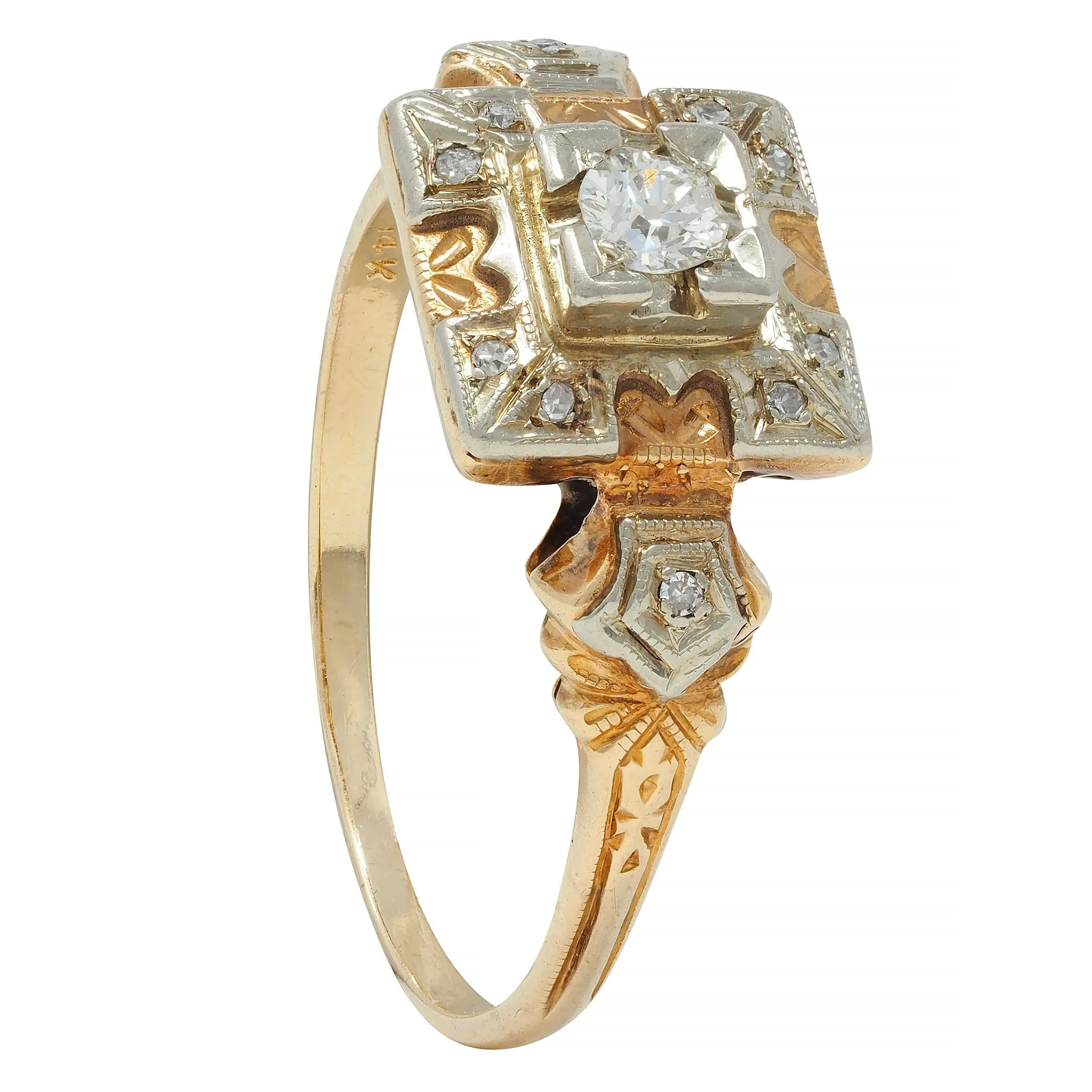 Early Art Deco Diamond 14 Karat Two Tone Square Form Antique Engagement Ring
