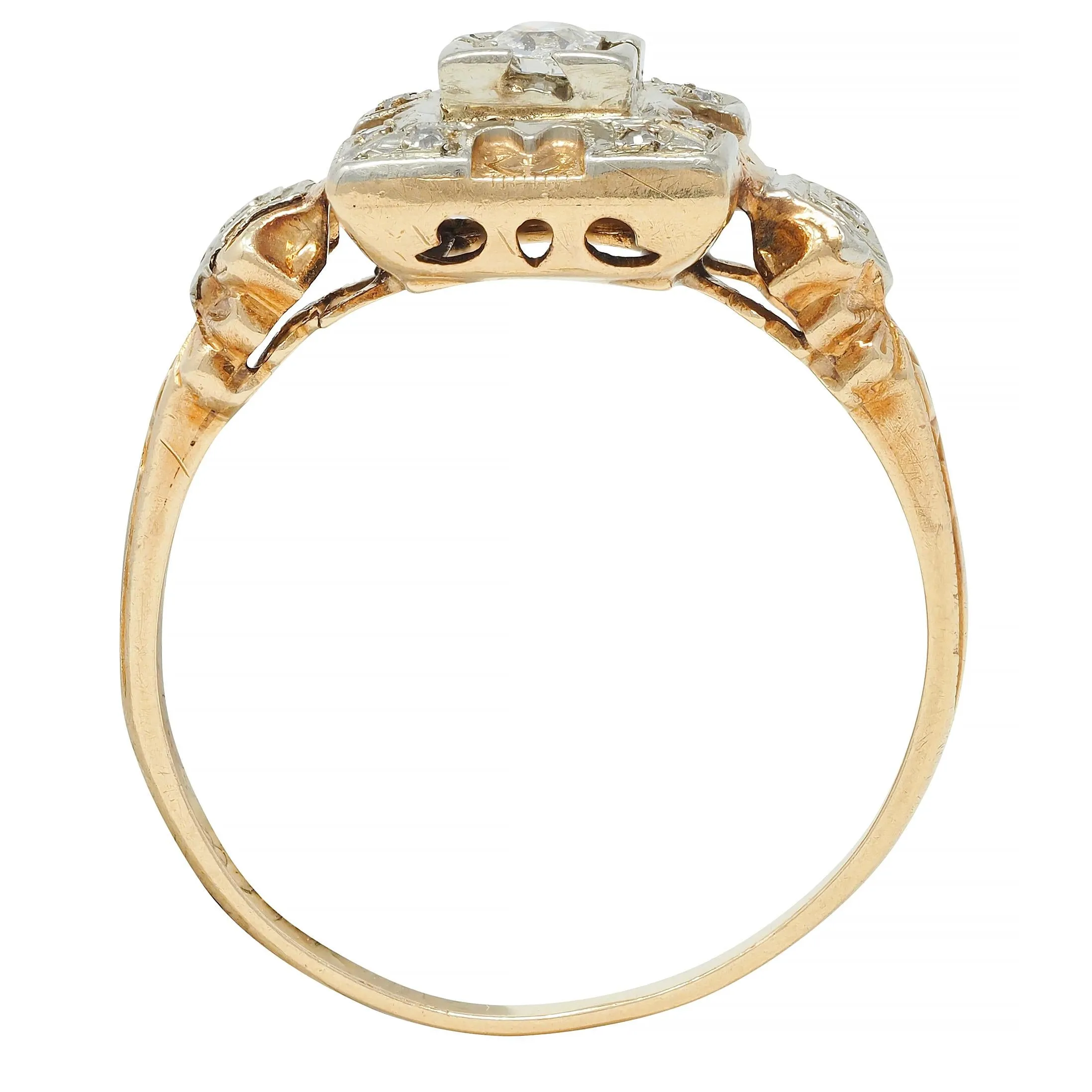Early Art Deco Diamond 14 Karat Two Tone Square Form Antique Engagement Ring
